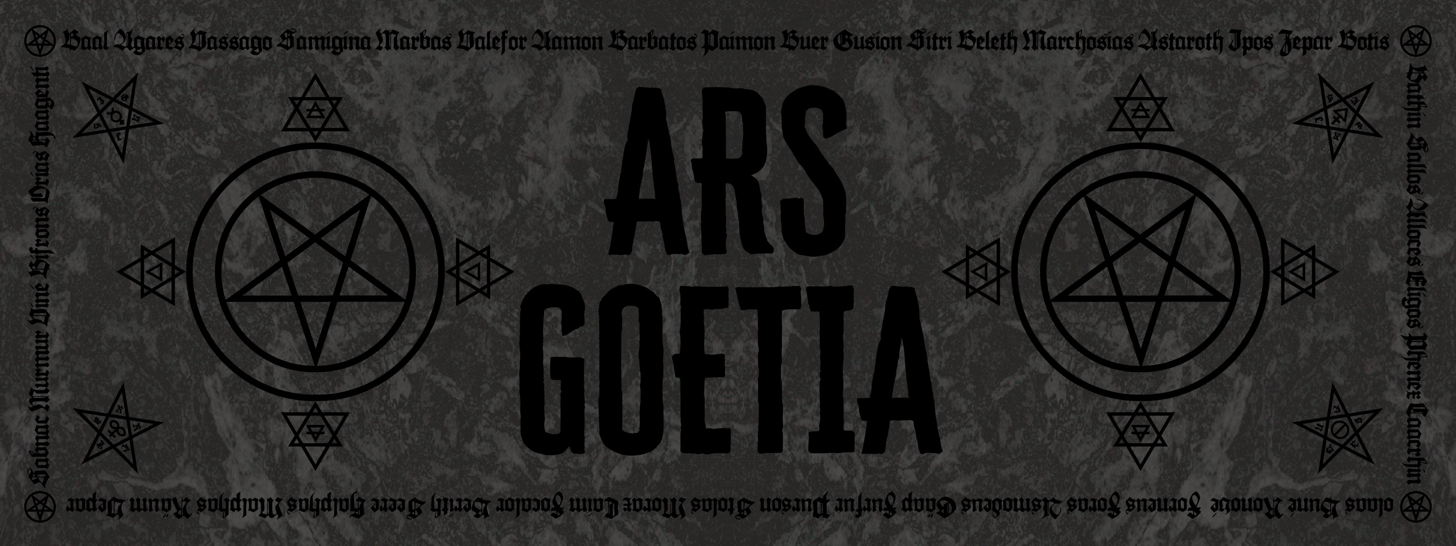 Okultes Design mit Schriftzug ARS GOETIA umgeben von esoterischen Symbolen und okkulten Pentagrammen auf dunklem Steinuntergrund