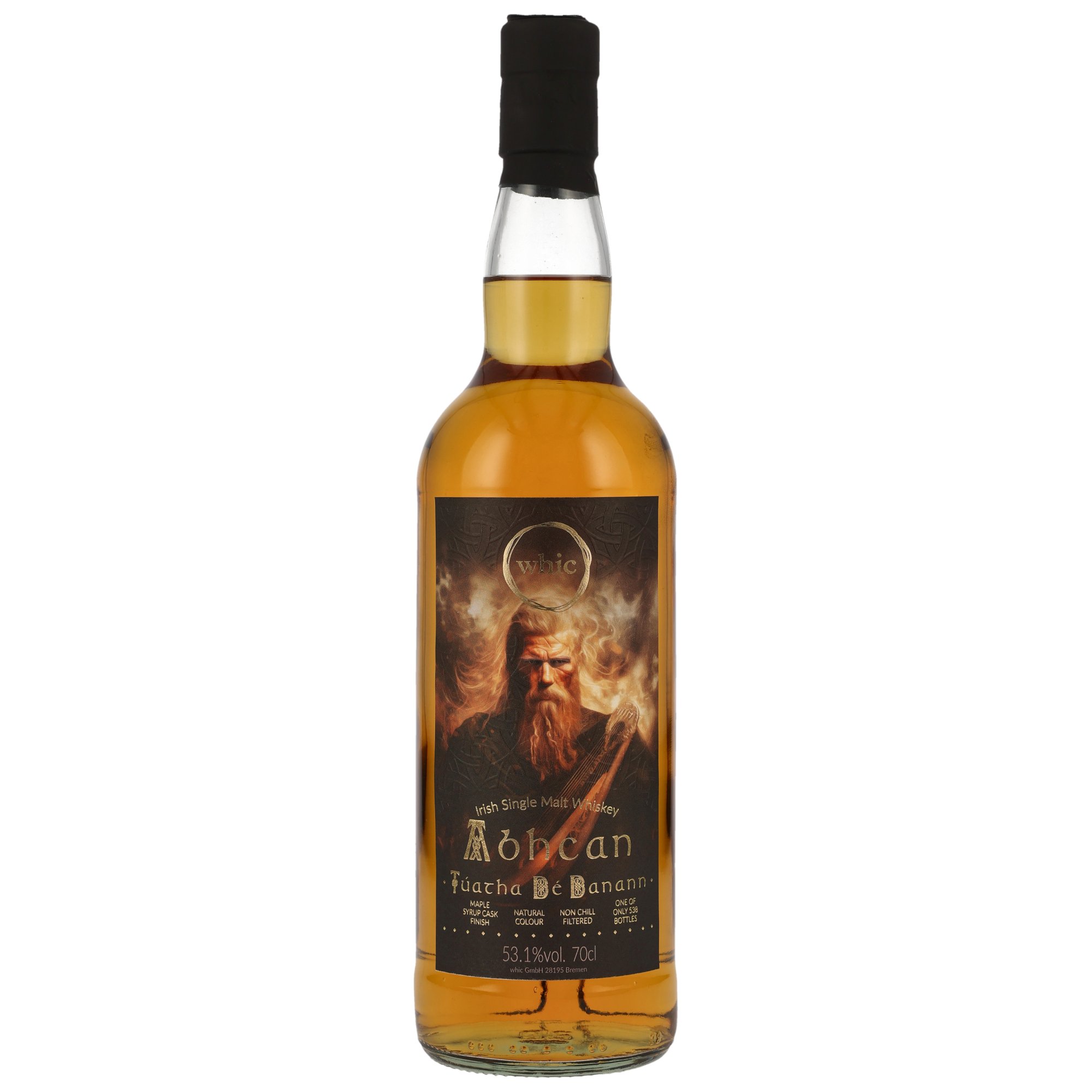 whic Abhcan Túatha Dé Danann Irish Single Malt Whisky 53,1% Vol. 0,7l mit keltischem Krieger-Motiv auf dem Etikett