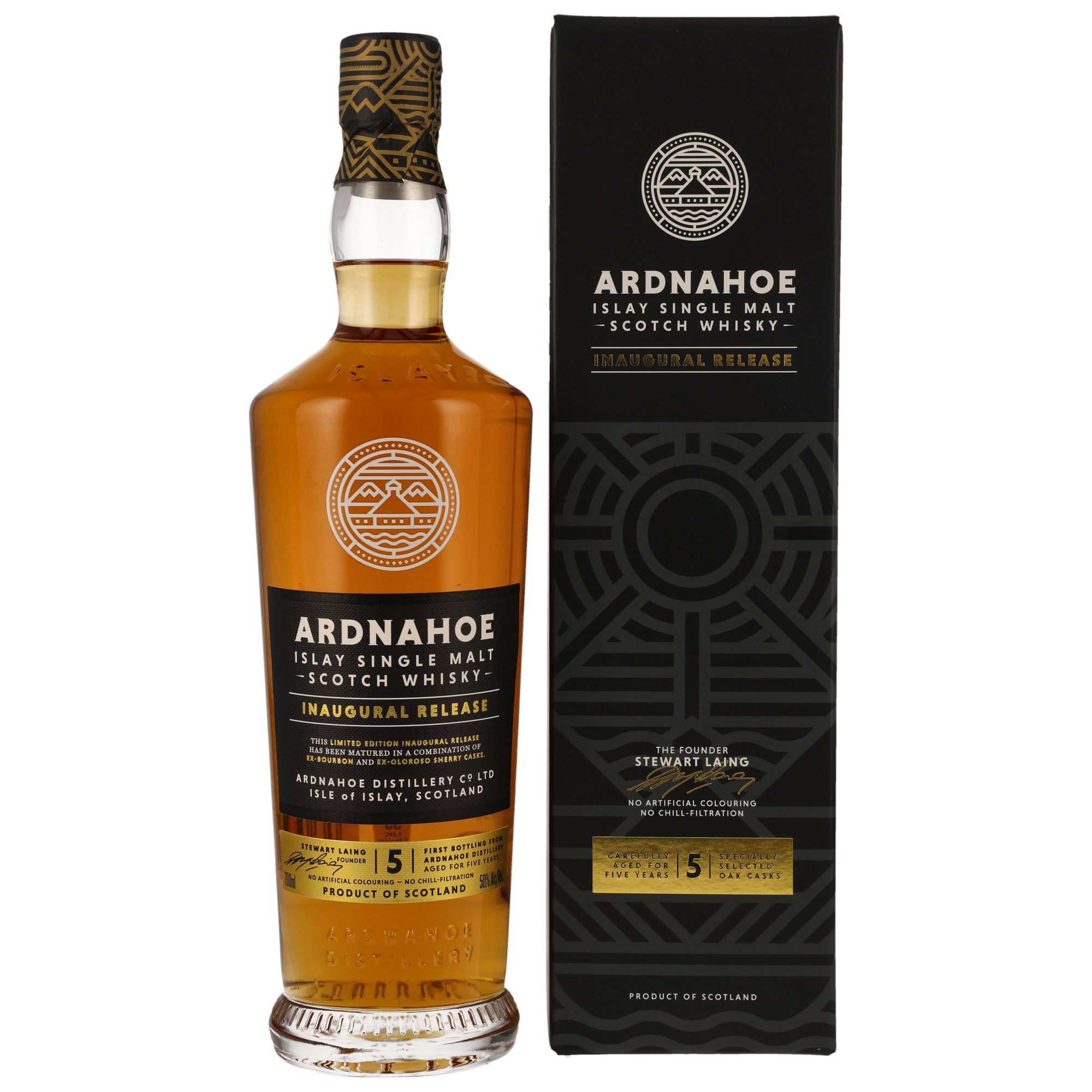 Ardnahoe Inaugural Release Islay Single Malt Scotch Whisky 5 Jahre mit ex-Bourbon- und ex-Oloroso-Sherry-Casks in schwarzer Premium-Verpackung