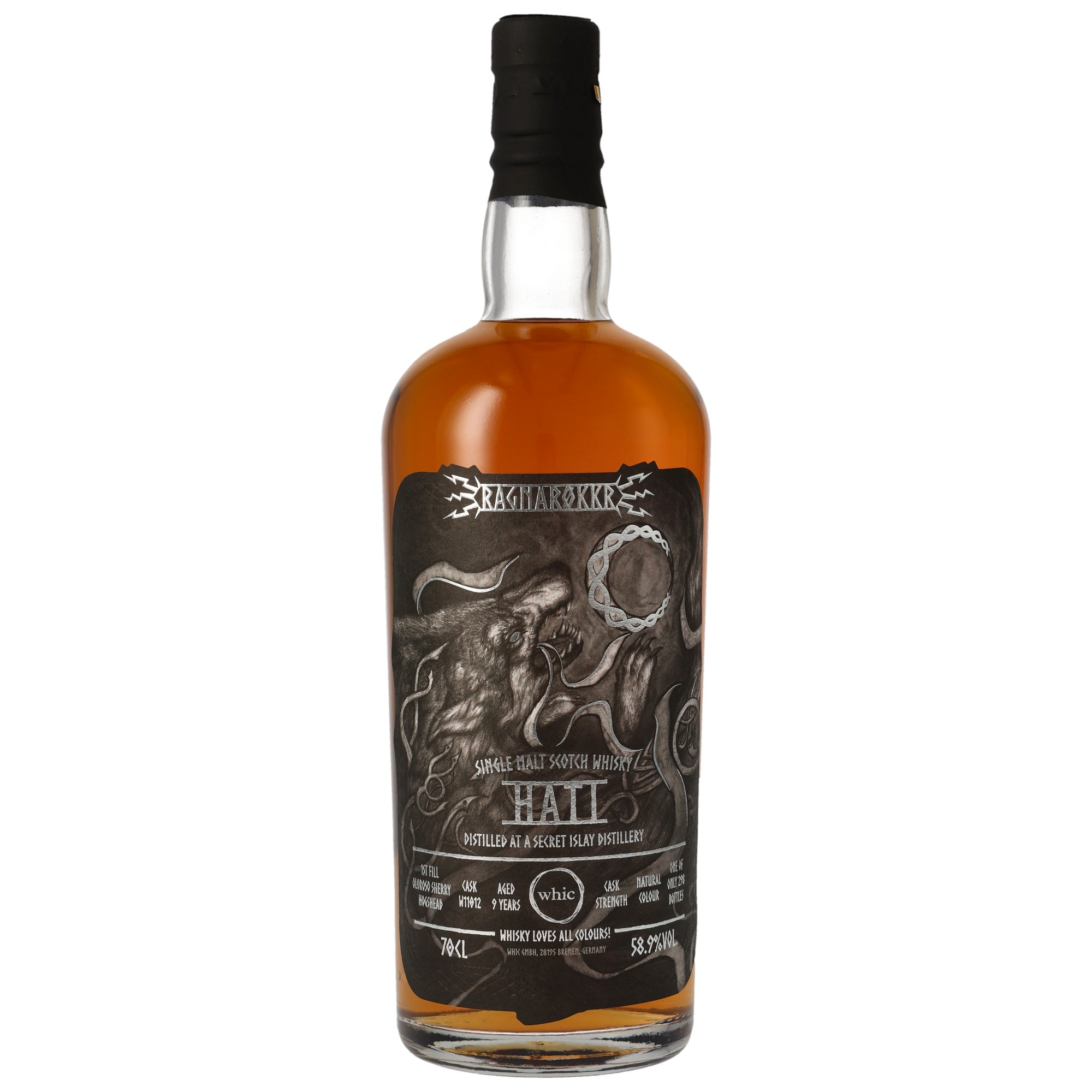 Ragnarøkkr Hati 9 Jahre Single Malt Scotch Whisky Islay Cask Strength 58,9% in 0,7-Liter-Flasche mit Oloroso-Sherry-Hogshead-Reifung