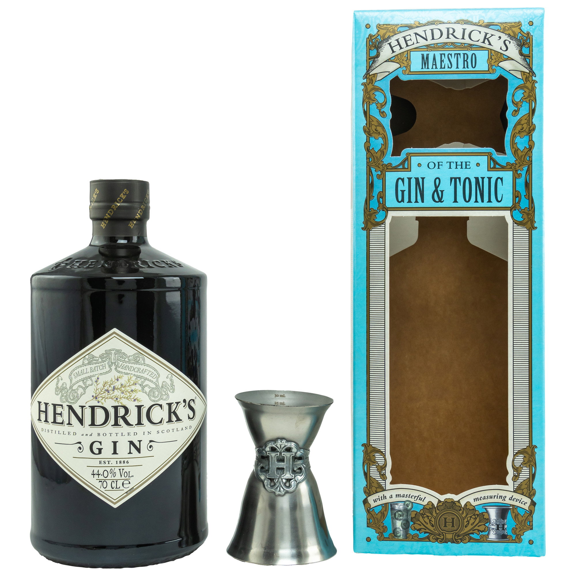 Hendrick’s Gin Maestro Edition 44% Vol. 0,7l mit original Hendrick’s Jigger in dekorativer Gin & Tonic Geschenkbox