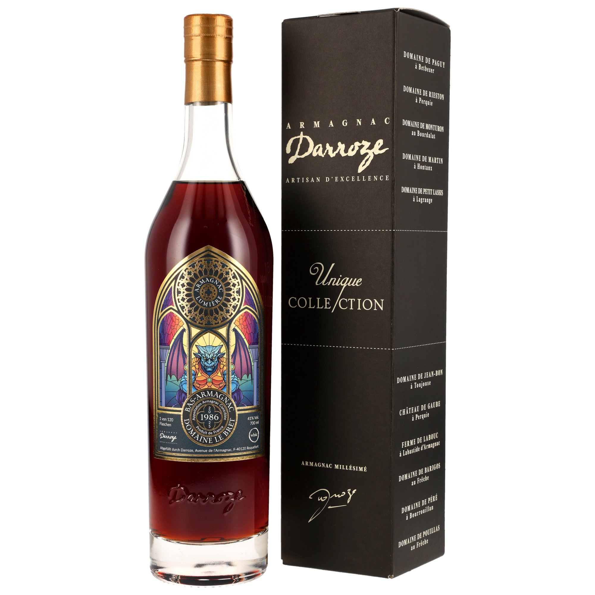 Darroze Bas-Armagnac Domaine Le Breil 1986 Vintage 41,2% Vol. in schwarzer Unique Collection Geschenkbox mit goldener Rosen-Verzierung, 700 ml