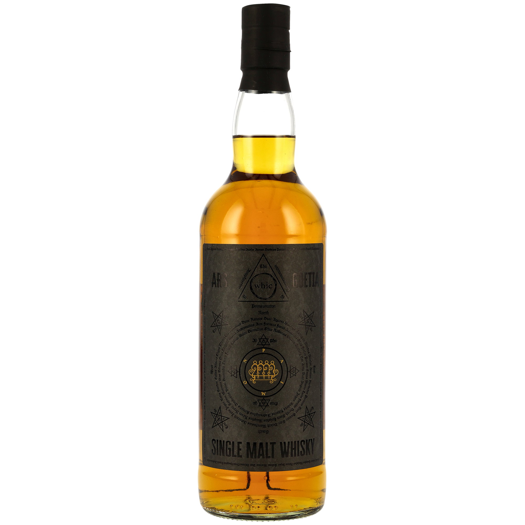 Ars Goetia Single Malt Whisky mit alchemistischem Etikett und goldener Flüssigkeit in klassischer 700ml-Flasche