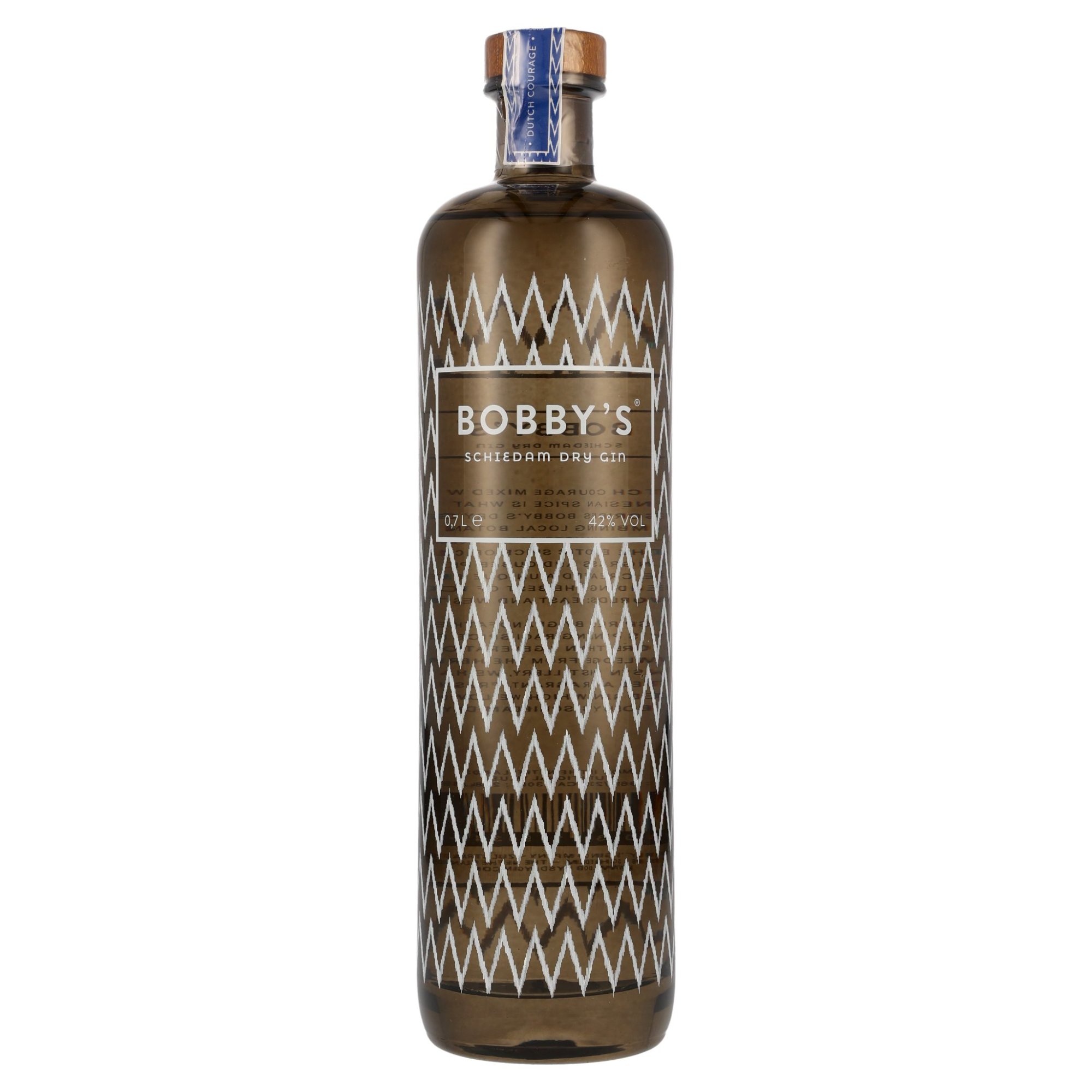 Bobby’s Schiedam Dry Gin 42% Vol. in 0,7L-Flasche mit geometrischem Zigzag-Design und Korkverschluss