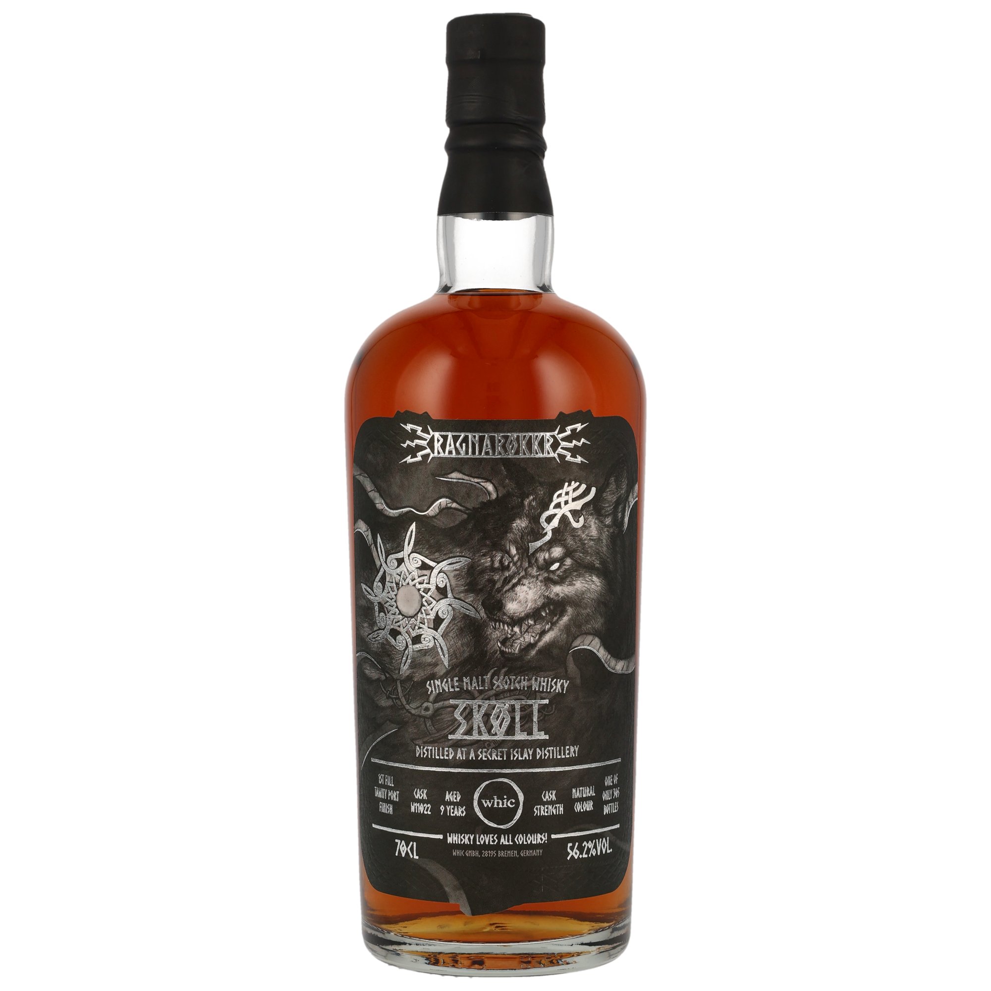 Ragnarökkr Sköll Single Malt Scotch Whisky 9 Jahre 56,2% Vol. Cask Strength mit nordischem Wolfsmotiv-Etikett, 70cl
