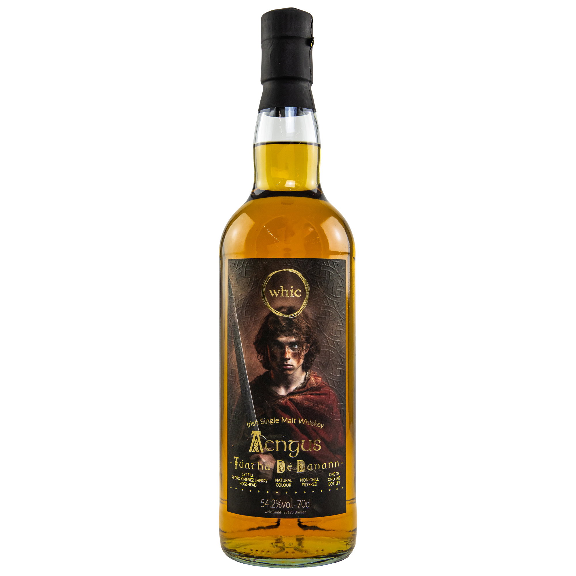 Whic.de Tuatha Dé Danann Aengus Irish Single Malt Whisky, 54,2% vol, Pedro Ximénez Sherry Cask Finish, 70cl Premium-Flasche mit keltischem Design
