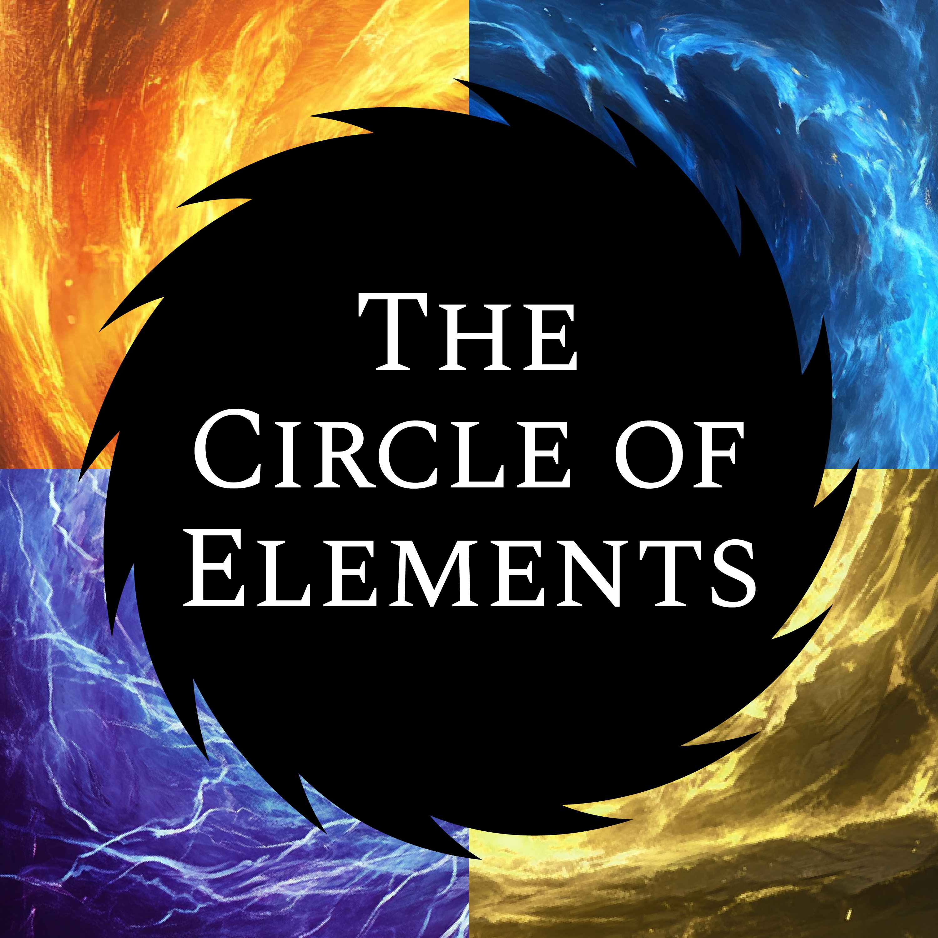 Symbolisches Logo The Circle of Elements mit dynamischen Feuer-, Wasser- und Sturmelementen in kontrastreichen Farben