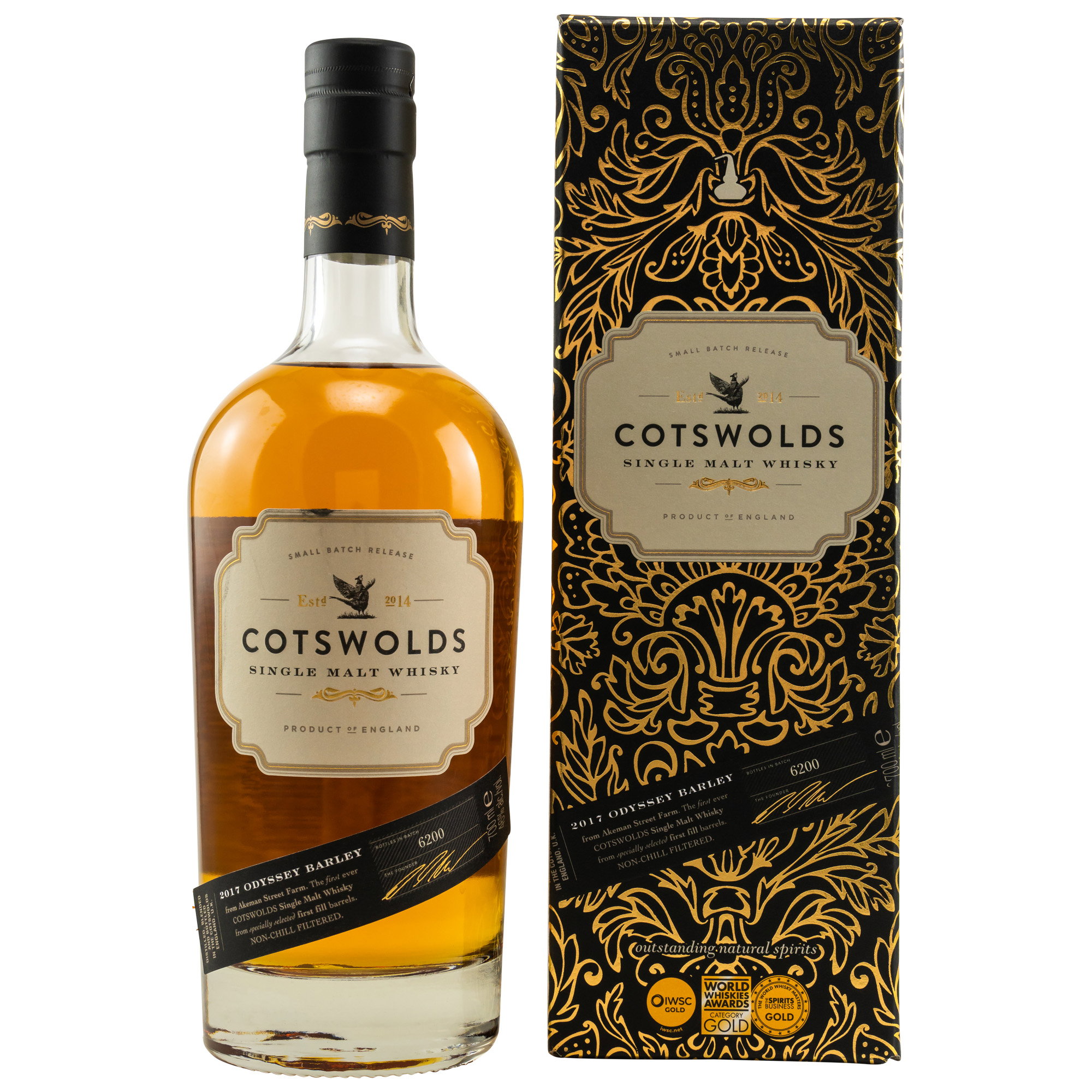 Cotswolds Single Malt Whisky 2014 Odyssey Barley Edition in luxuriöser Gold-Prägedose mit 6200 Bottles Batch-Angabe