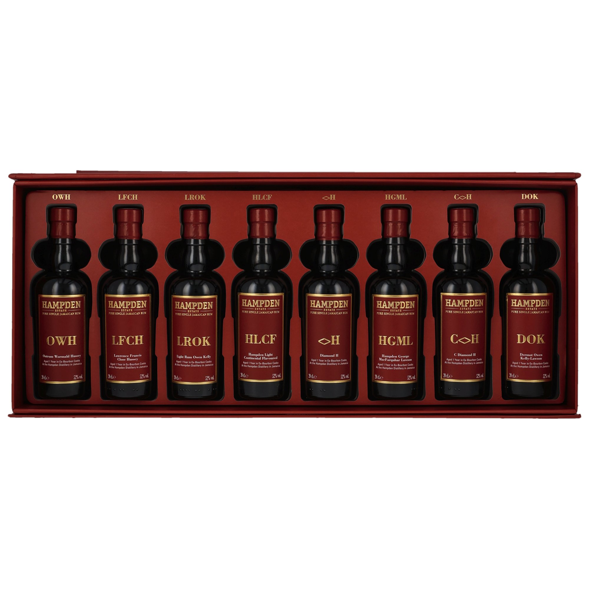Hampden Estate Jamaican Pure Single Rum Kollektion mit 7 verschiedenen 52%-Editionen OWH, LFCH, LROK, HLCF, ◊H, HGML, C◊H in roter Geschenkbox