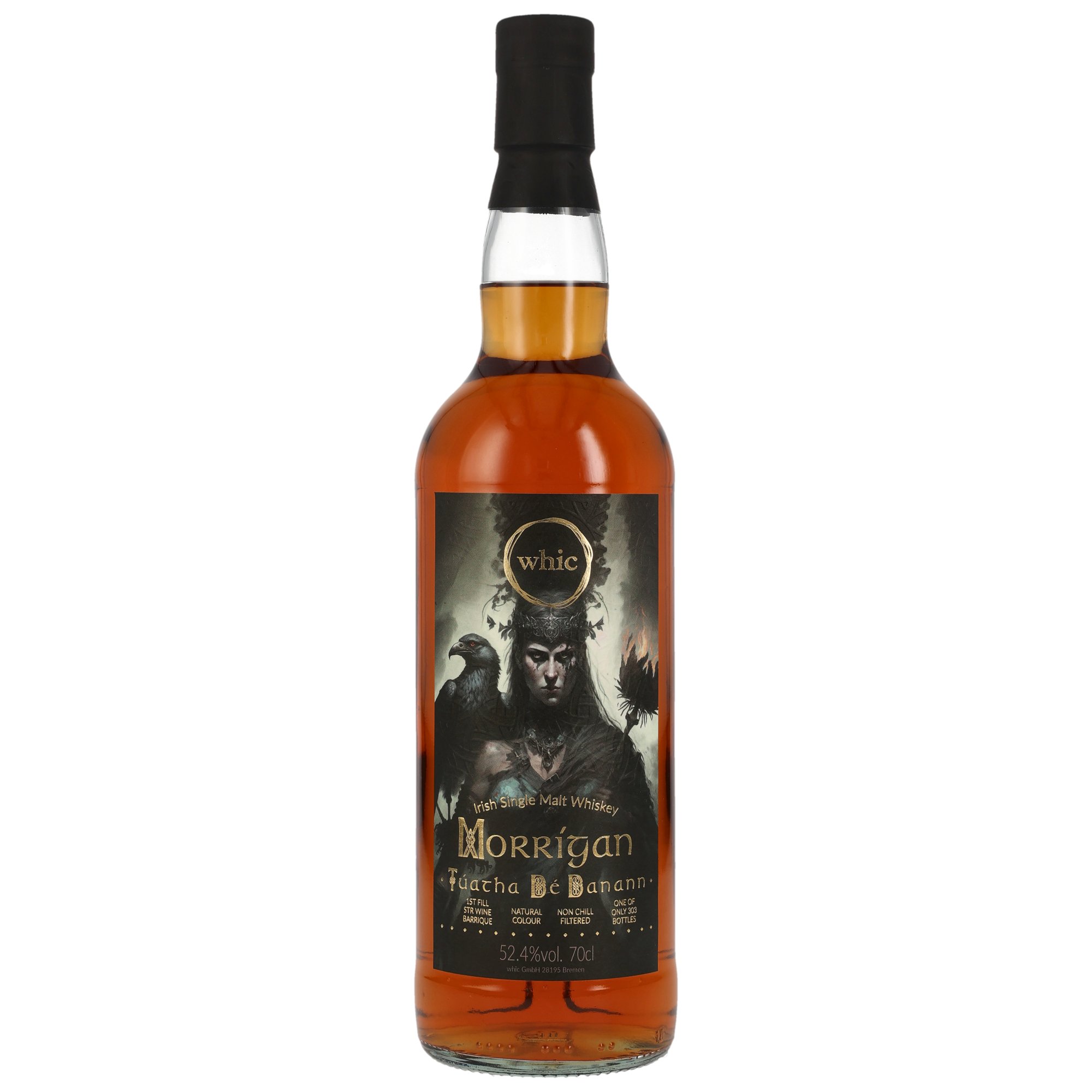 whic Morrigan Tuatha Bé Banann Irish Single Malt Whisky 52,4% Vol. 0,7l mit mystischem Etikettendruck und 1st Fill STR Wine Barrique-Reifung