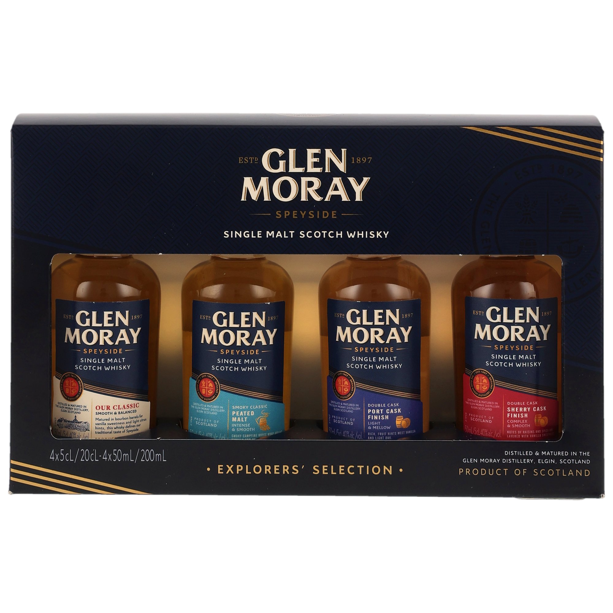 Glen Moray Speyside Single Malt Scotch Whisky Explorers’ Selection 4x5cl Set mit Classic, Peated, Port Cask, Sherry Cask Finish