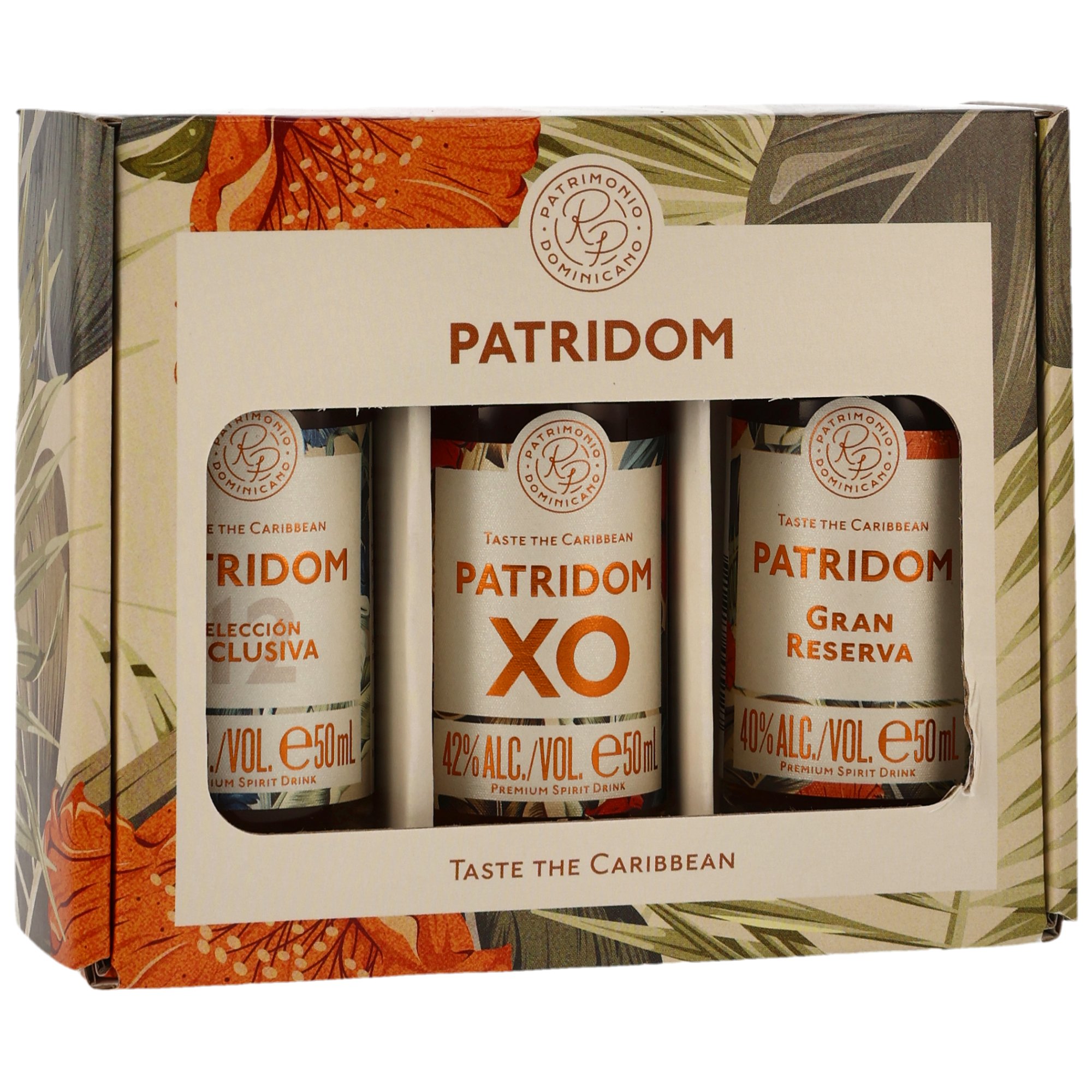 Patridom Rum-Trio mit Selección Clusiva, XO 42% vol. und Gran Reserva 40% vol. in tropischer Geschenkbox, 3x 50 ml Miniaturen