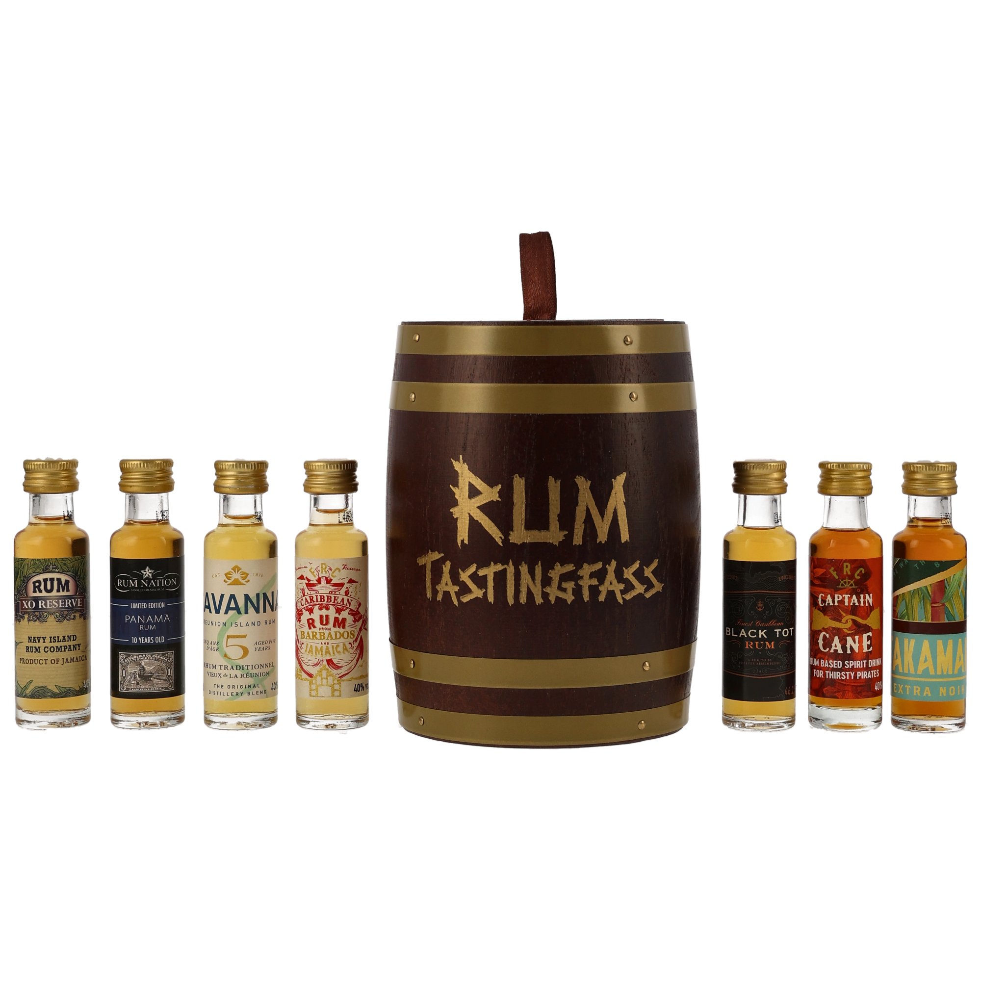 Rum Tastingfass aus Holz mit 7 Miniaturflaschen XO Reserve, Panama Rum, Réunion Island Rum, Barbados Rum, Black Tot, Cane Rum und Takamaka Extra Noir