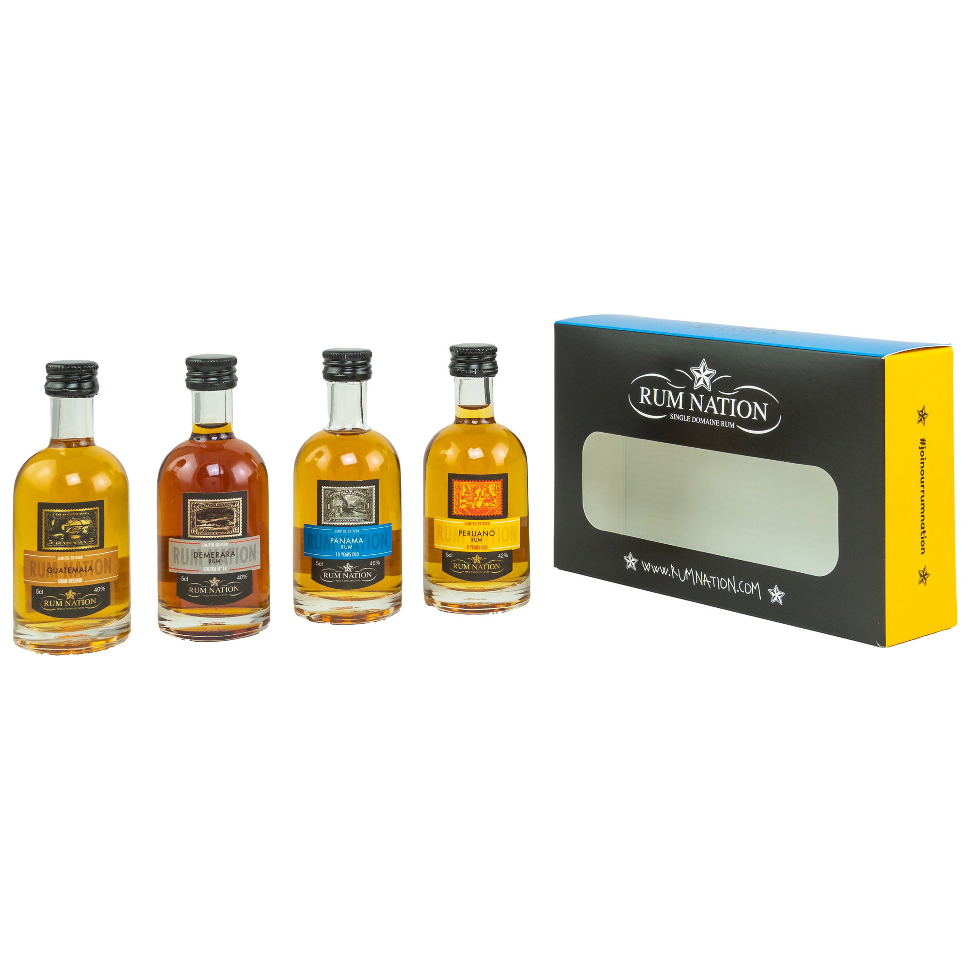 Rum Nation Guatemala, Demerara, Panama und Peruano Limited Edition Single Domain Rums 4-Flaschen-Set in schwarzer Geschenkbox