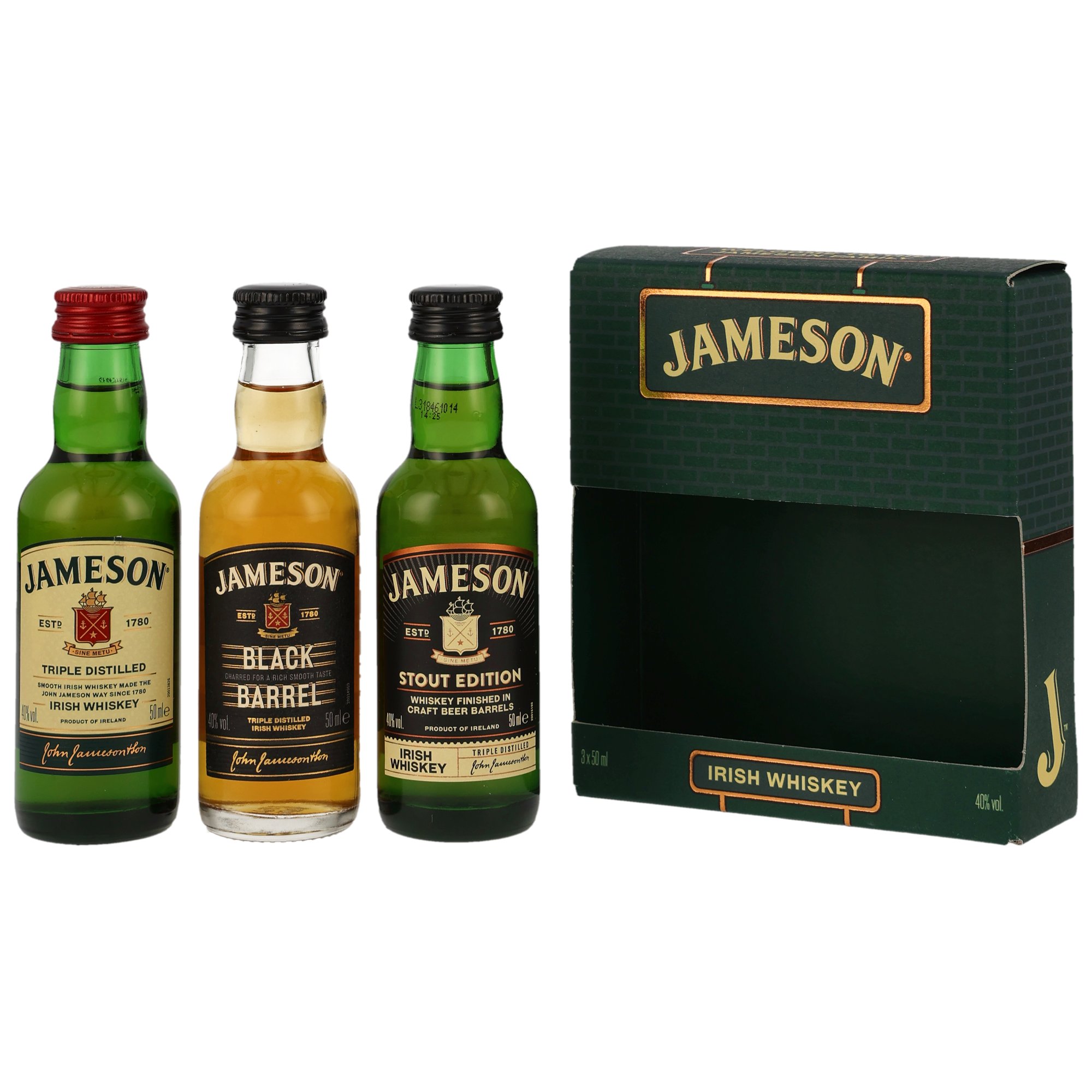 Jameson Irish Whisky Set mit Triple Distilled, Black Barrel und Stout Edition in 50 ml Miniaturen, edle Geschenkbox