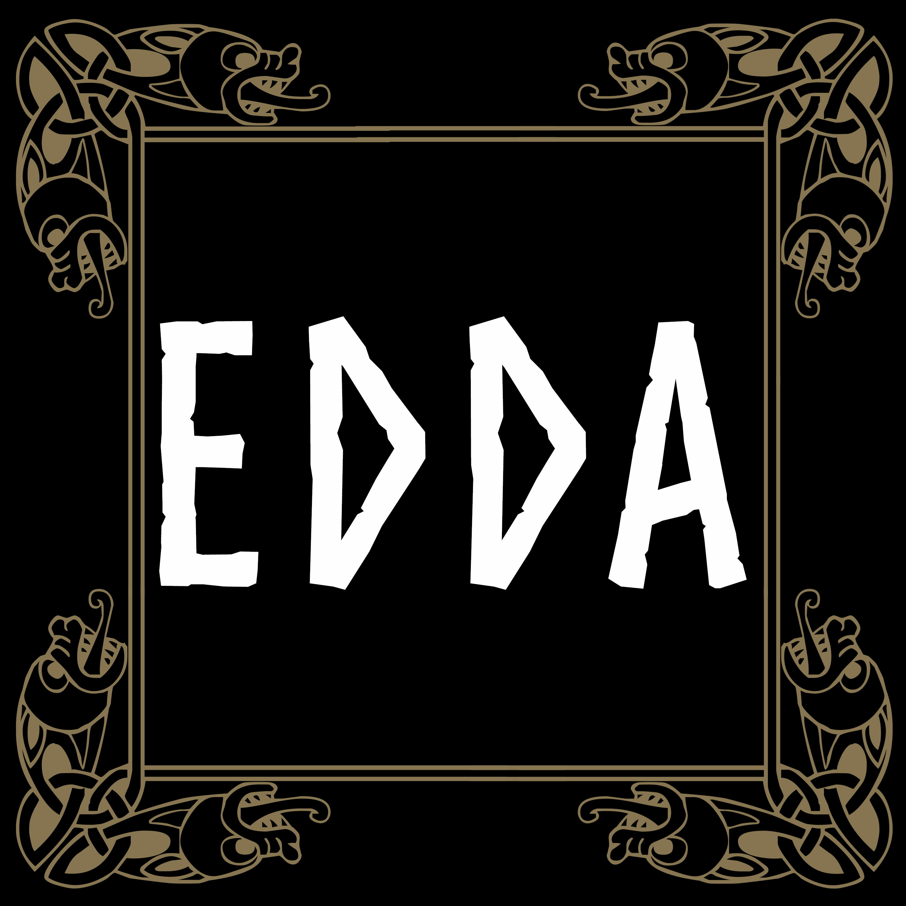 Ornamentale Schriftzug-Darstellung EDDA in schwarzem Rahmen mit goldenen keltischen Verzierungen