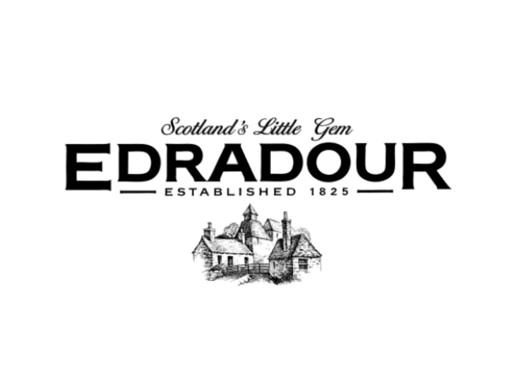 Edradour Scotland's Little Gem Destillerie-Logo mit historischem Gründungsjahr 1825 und traditioneller Gebäudeskizze