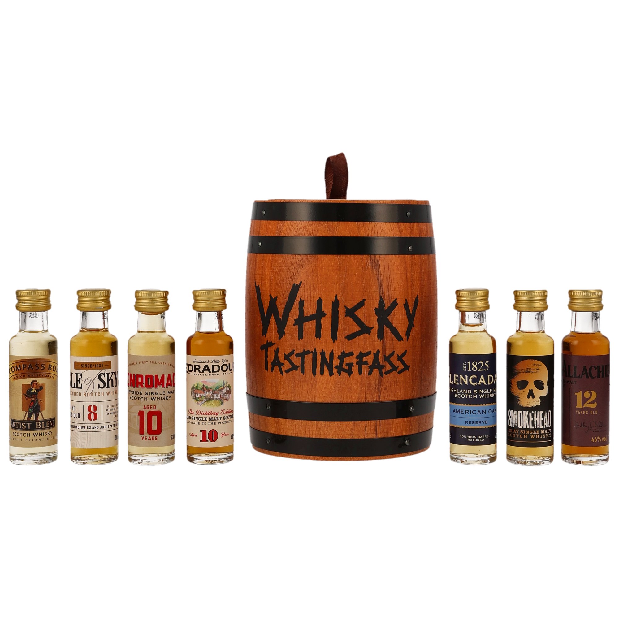 Whisky Tasting Set mit 6 Miniaturen: Compass Box Artist Blend, Isle of Skye 8 Years, Benromach 10 Years, Edradour 10 Years, Lencada 1825 und Smokehead Islay Single Malt in Holztastingfass