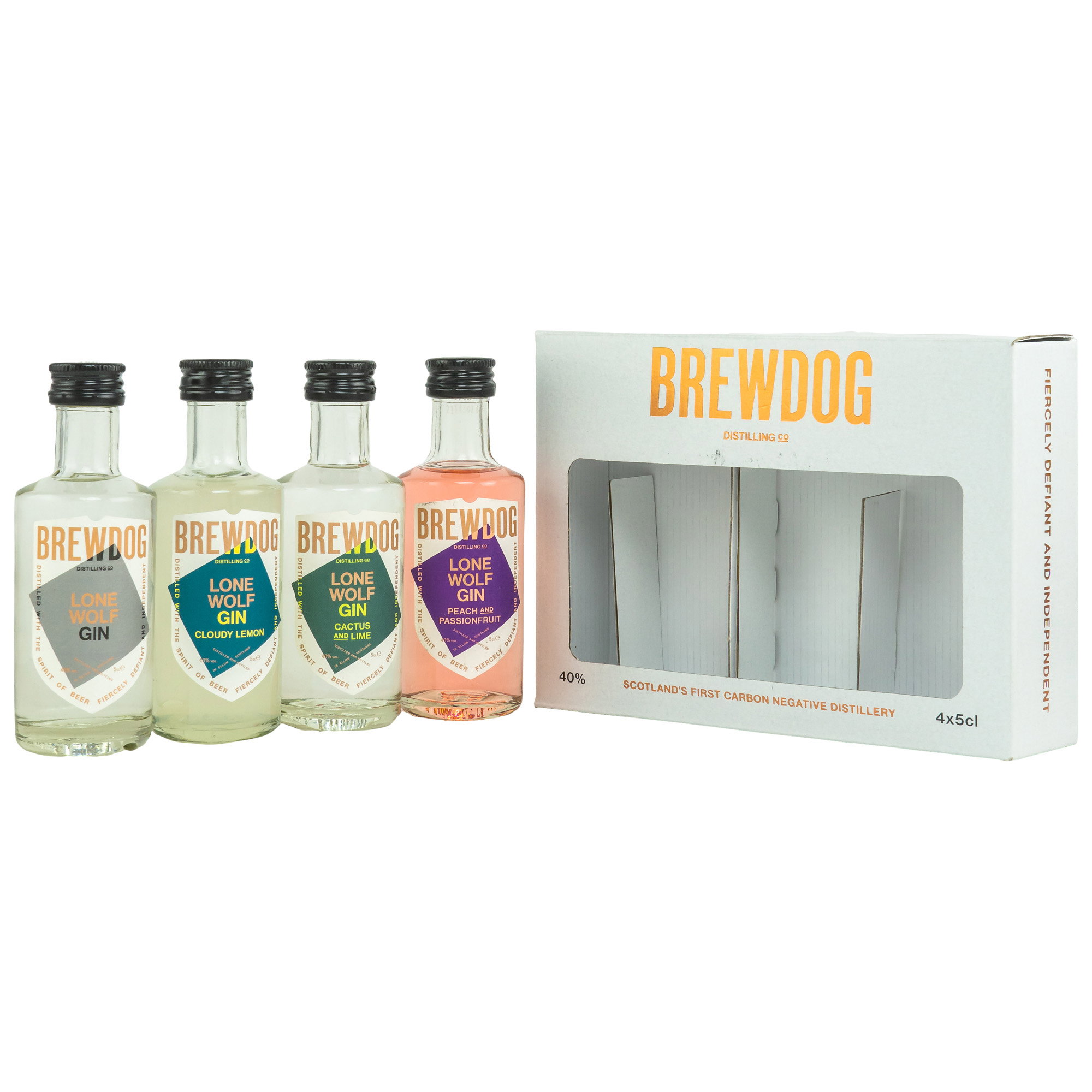 BrewDog Lone Wolf Gin Set mit 4x5cl Flaschen in Geschenkbox: Classic, Cloudy Lemon, Cactus & Lime, Peach & Passionfruit, 40% vol Carbon Negative Distillery
