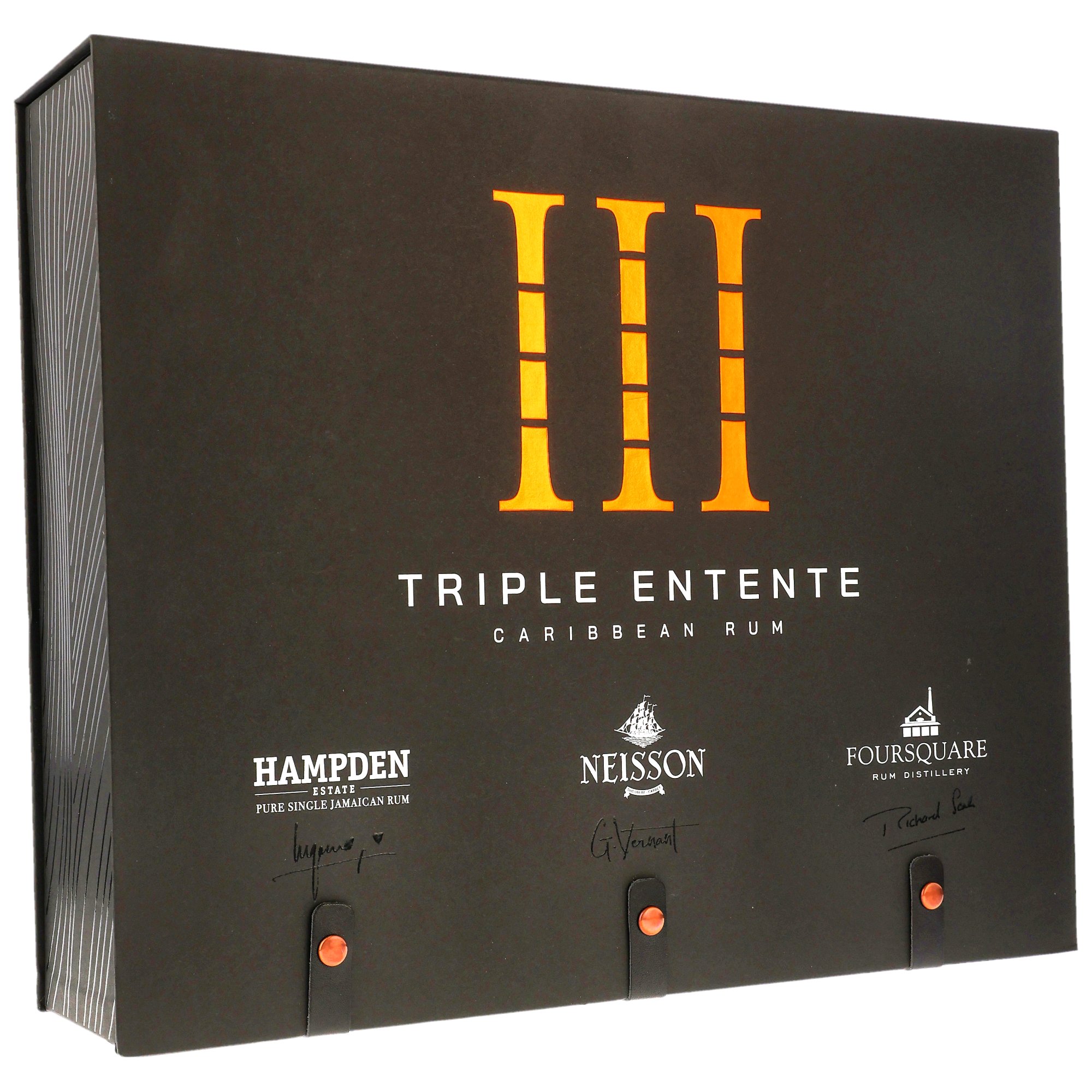 Triple Entente Caribbean Rum Set mit Hampden Estate Pure Single Jamaican Rum, Neisson Rhum Agricole und Foursquare Rum Distillery in luxuriöser Sammlerbox