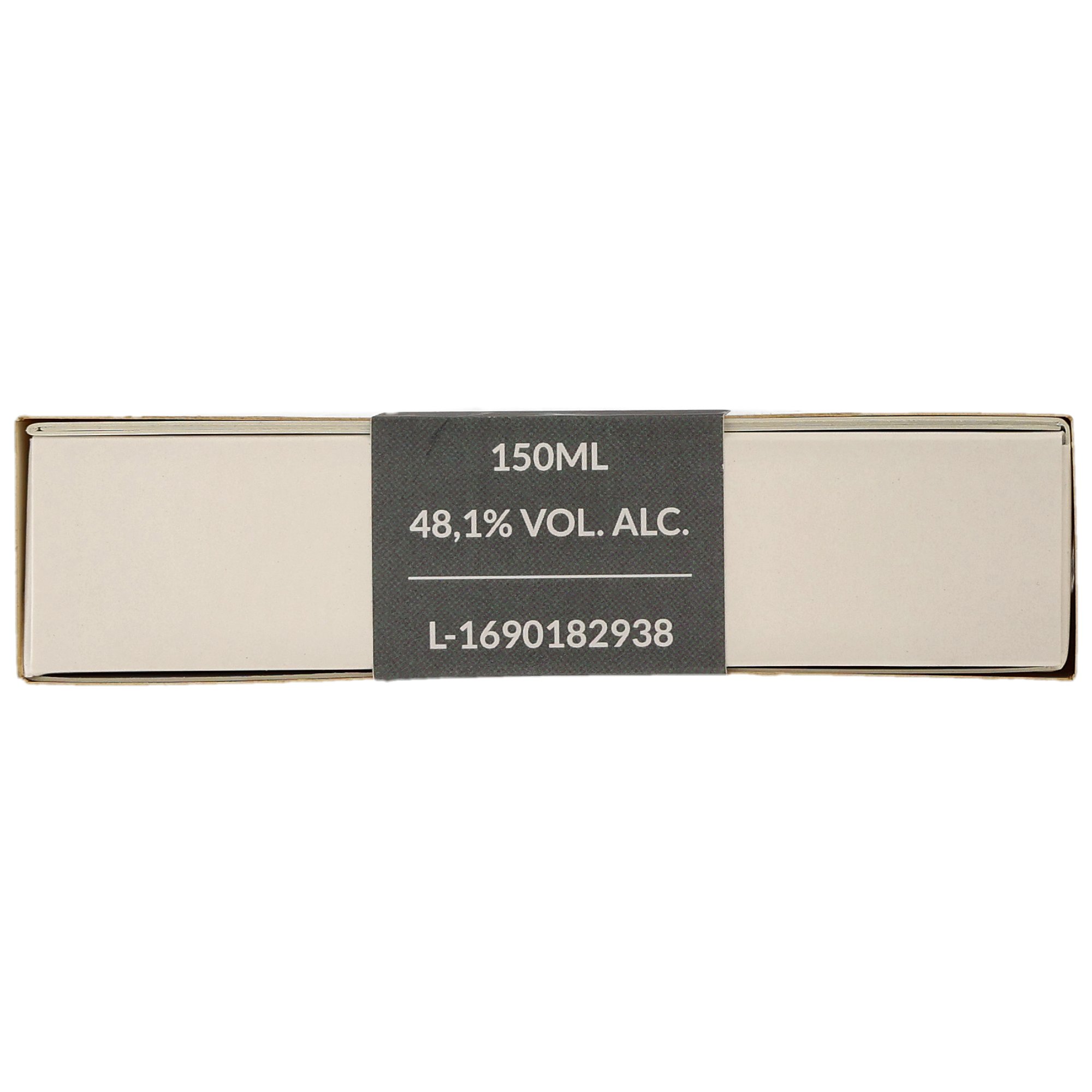 Rückseite einer 150ml Miniaturflasche mit 48,1% Vol. Alkoholgehalt und Losnummer L-1690182938 in neutraler Verpackung