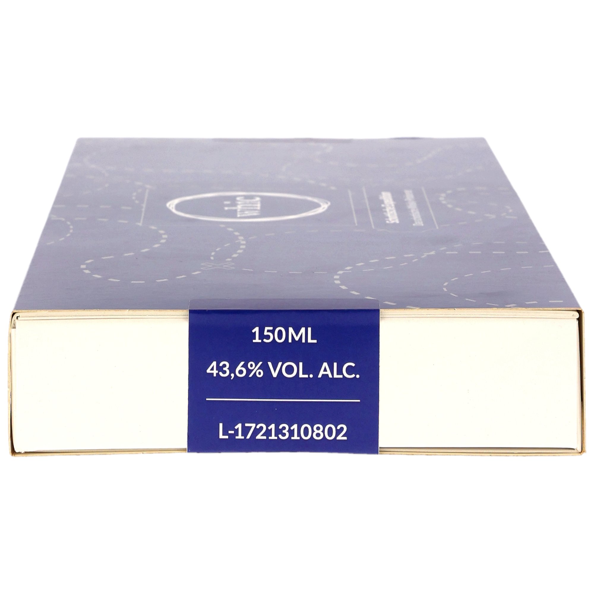 Premium-Spirituose in blauer 150ml-Geschenkverpackung mit 43,6% Vol. Alkoholgehalt und Losnummer L-1721310802