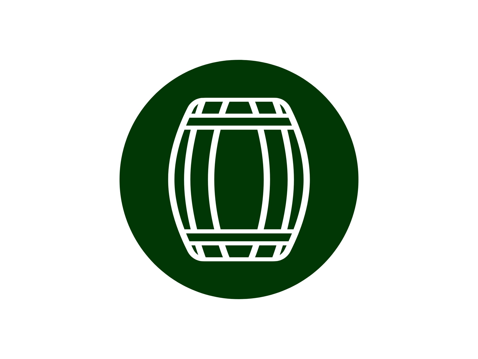 Symbol für Fasslagerung und Reifung von Premium-Spirituosen in dunklem Kreis, minimalistisches Design
