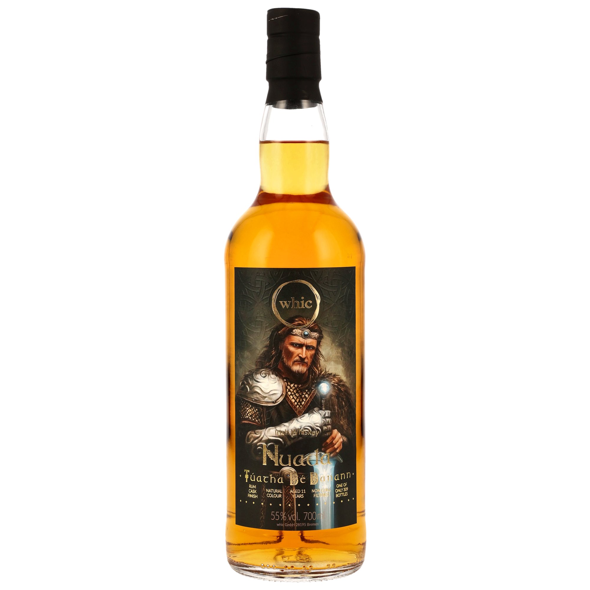 whic Tuatha De Danann Single Malt Whisky 700 ml 55% vol. in klarer Flasche mit detailreicher Etikettgestaltung