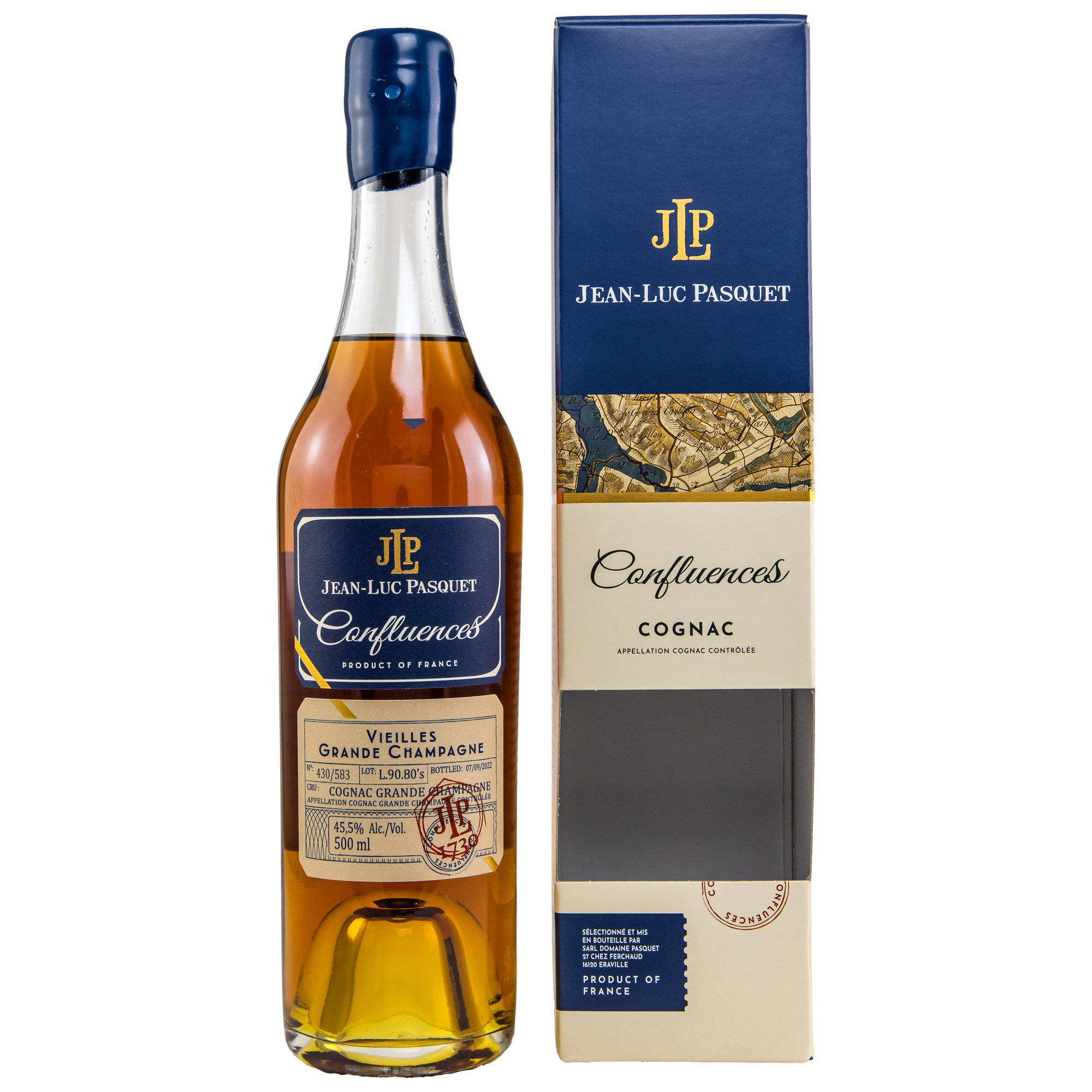 Jean-Luc Pasquet Confluences Vieilles Grande Champagne Cognac 500ml 45,5% Vol. in blauer Premium-Geschenkbox mit Korkenverschluss