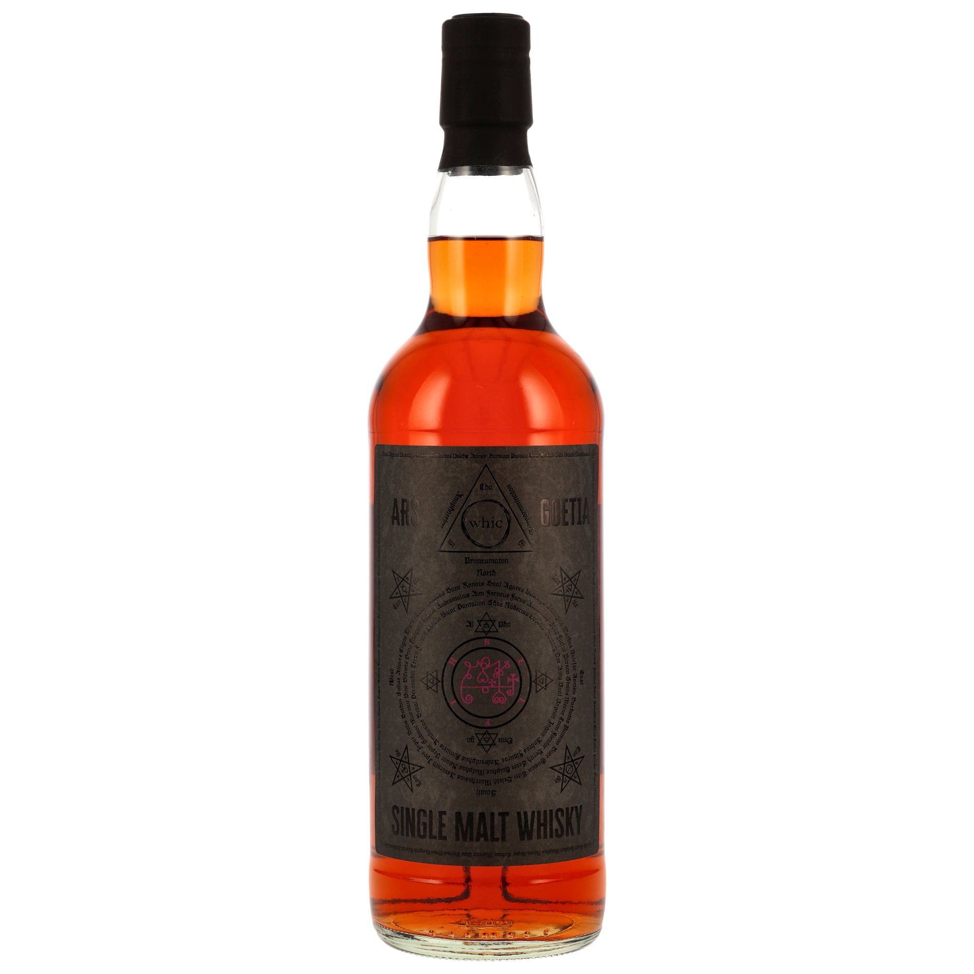 Ars Goettia Single Malt Whisky mit okkulten Symbolen und 750ml bernsteinfarbener Flüssigkeit in klassischer Glasflasche