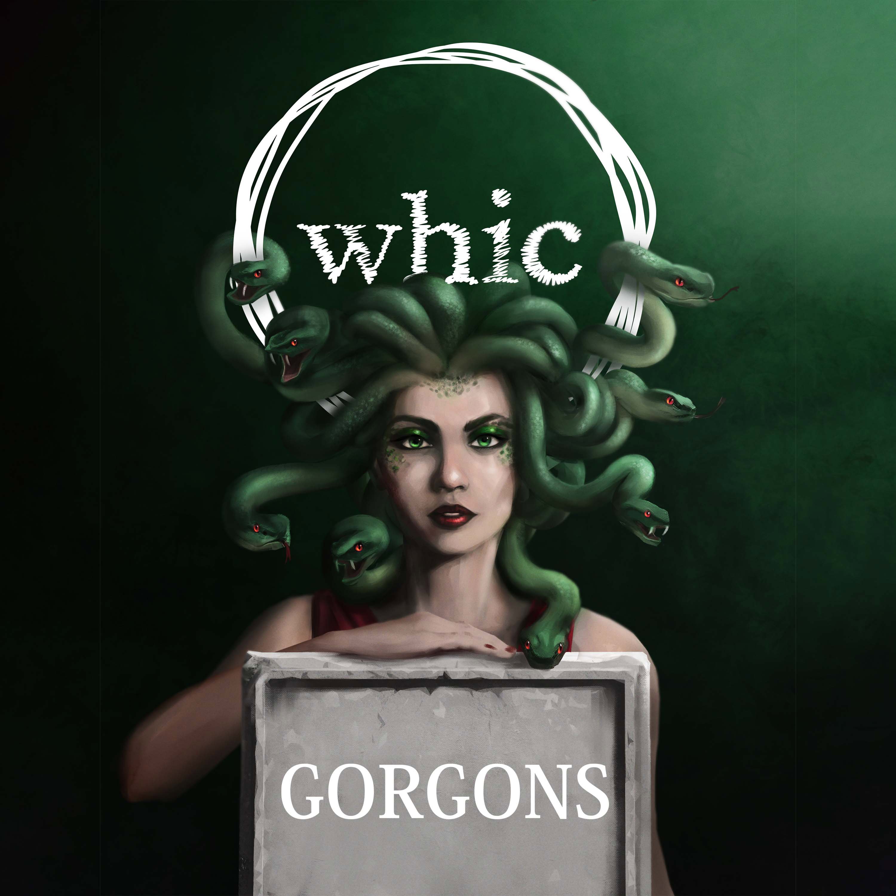 Medusa-inspirierte Illustration für whic Gorgons Premium-Spirituose mit mystischem dunklem Hintergrund und Schriftzug