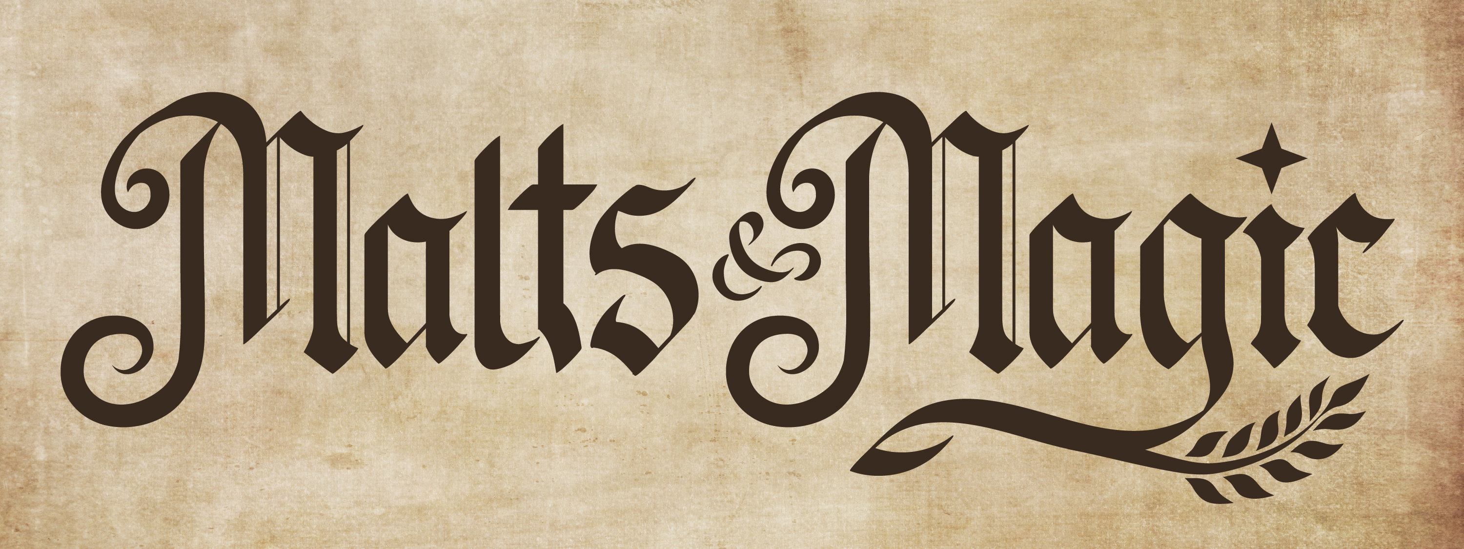 Vintage-schriftzug Malts & Magic mit dekorativem Lorbeerzweig auf antikem Parchment-Hintergrund