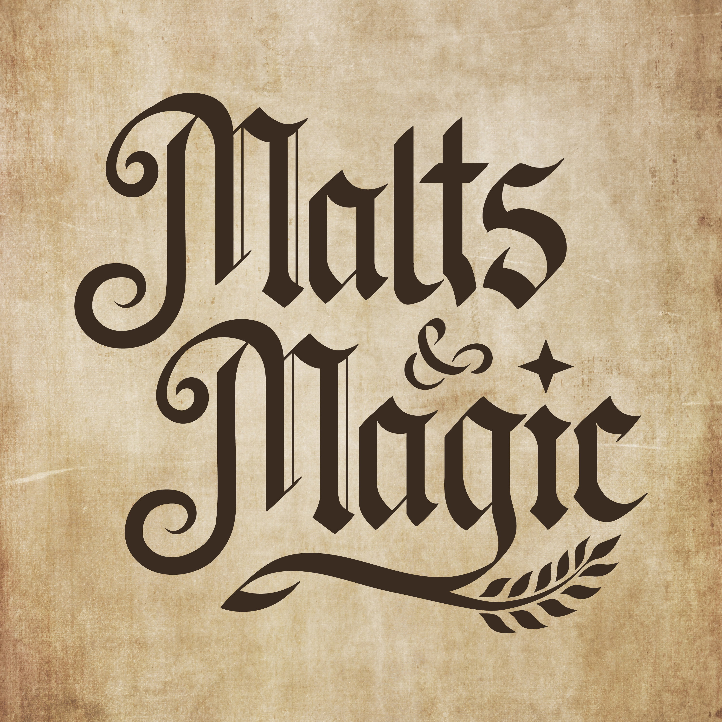 Vintage-schriftzug Malts & Magic mit dekorativem Lorbeerzweig und Stern auf antikem Pergamenthintergrund