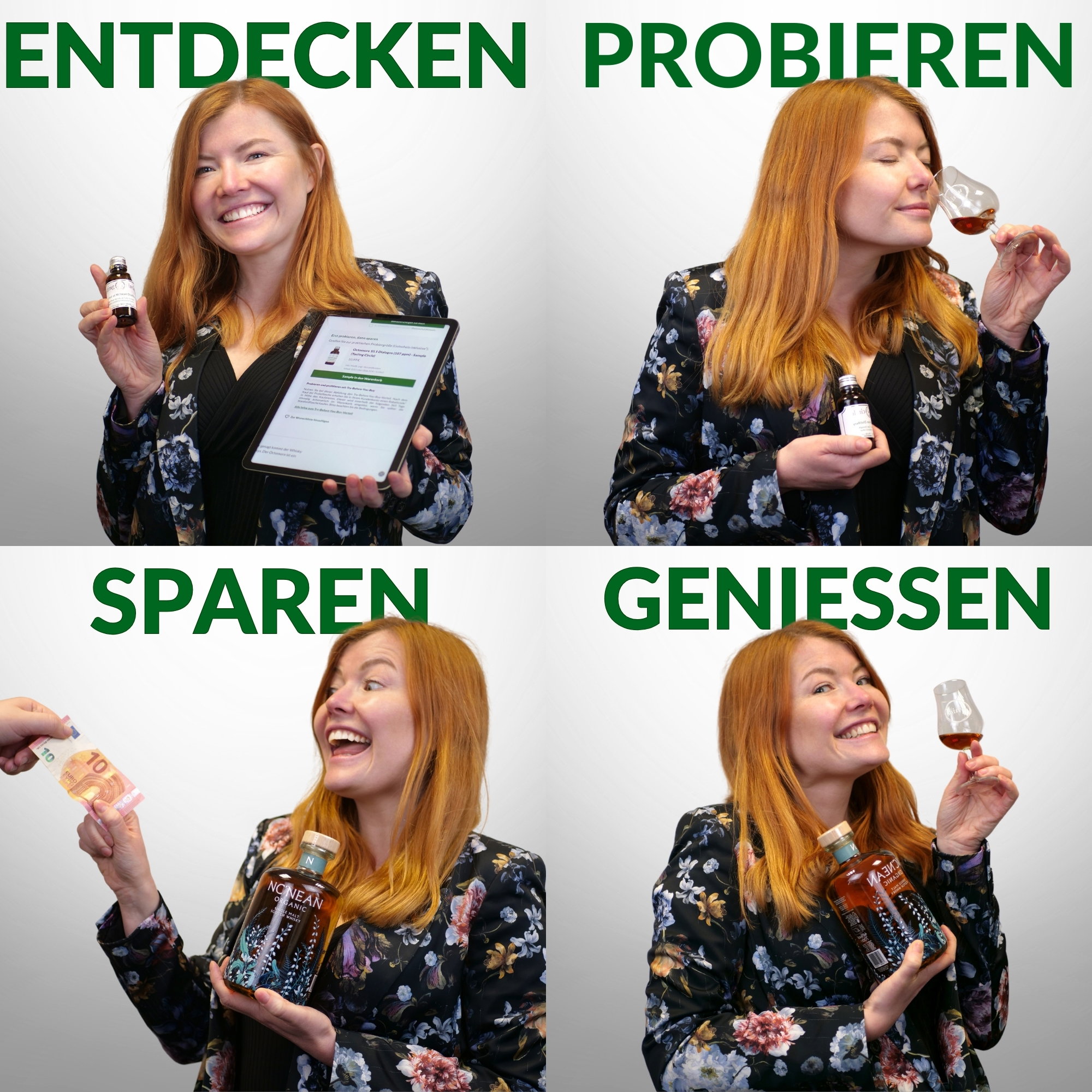 Lachende Frau genießt Nonean Organic Cask Strength Whisky in vier Szenen: Probieren, Informieren, Sparen und Genießen mit Tablet, Flasche und Glas