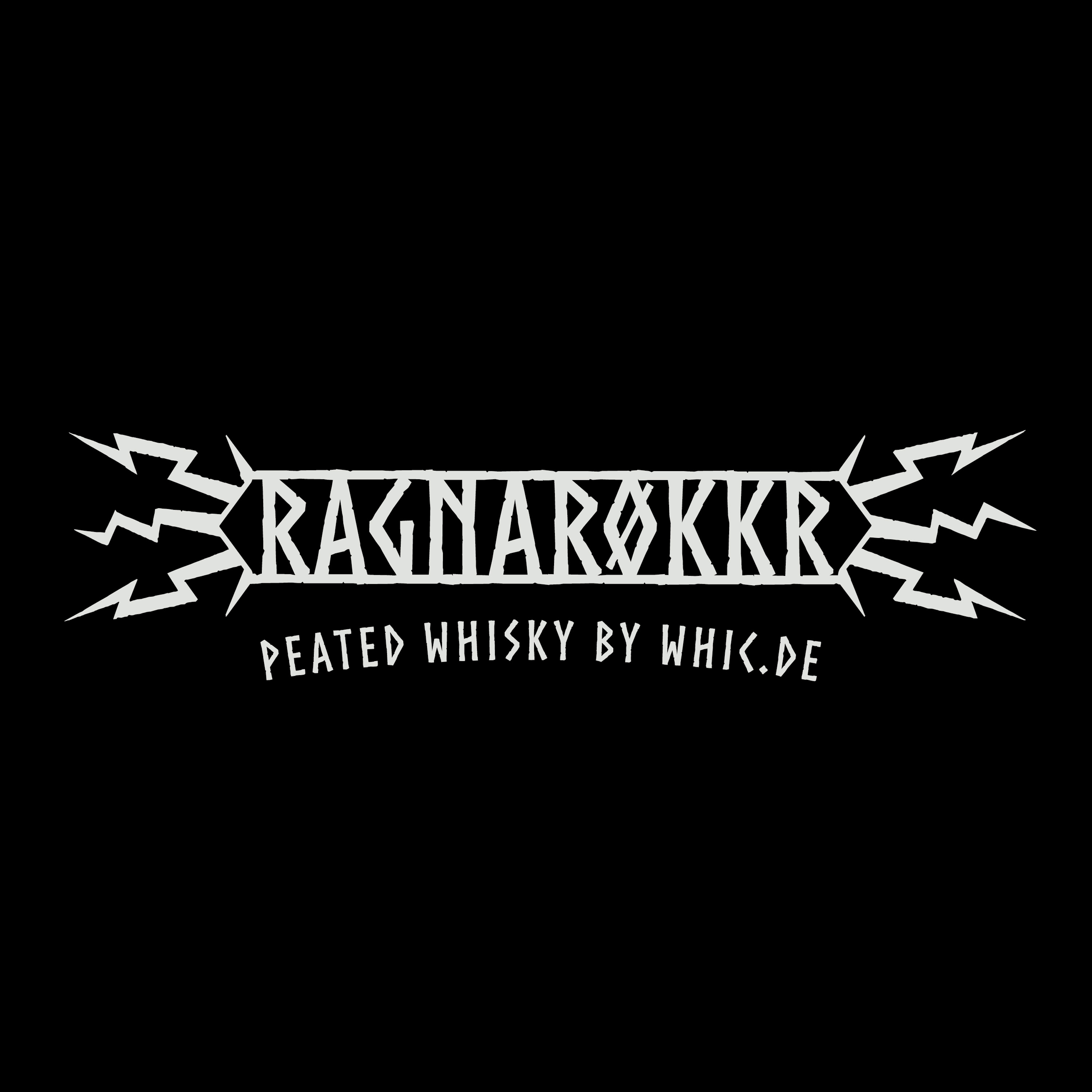Ragnarökkr Peated Whisky Logo mit Blitz-Design in weiß auf schwarzem Hintergrund