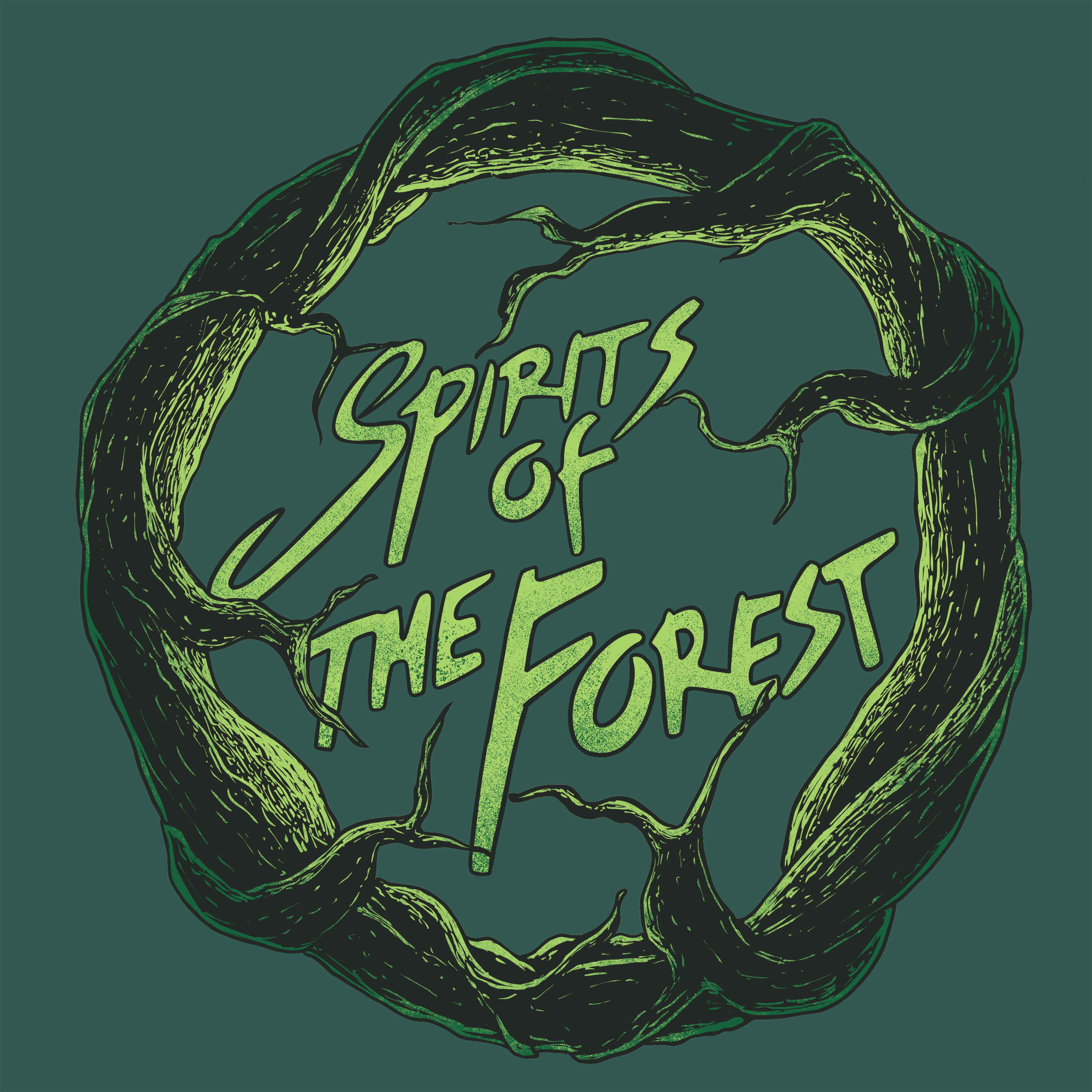 Künstlerische Illustration Spirits of the Forest mit mystischem Waldmotiv in dunklem Grün und verwobenen Baumwurzeln