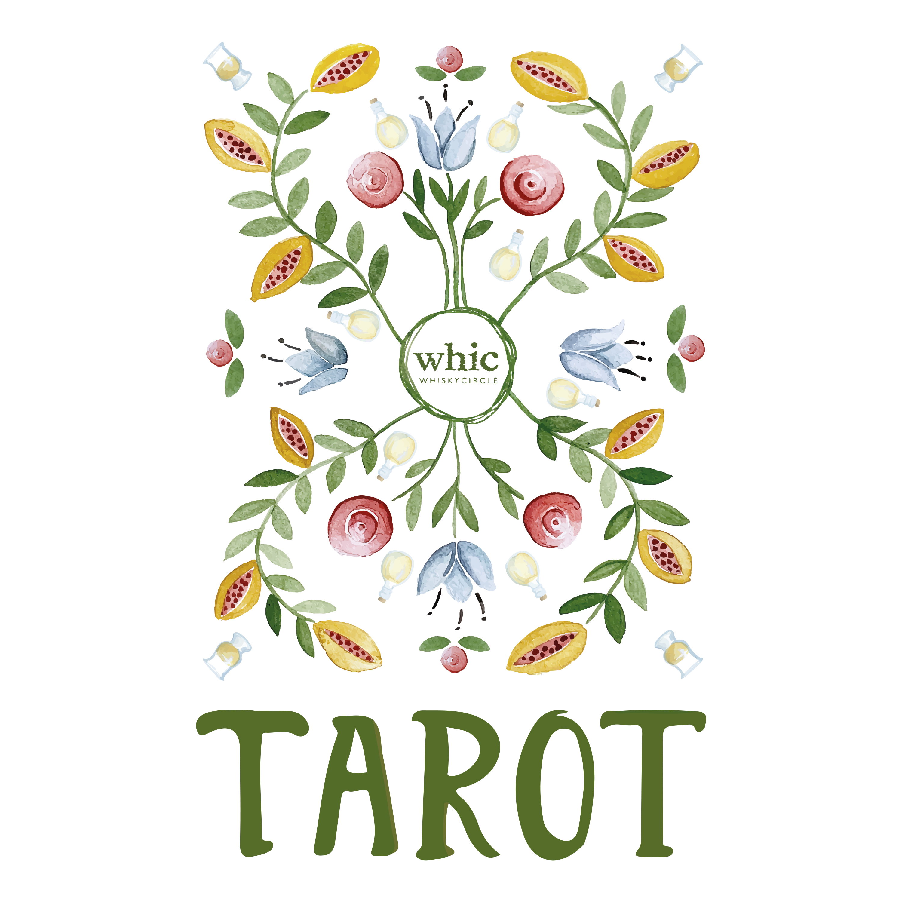 Künstlerische Illustration des whic.de Logos mit Tarot-Themenfokus, umgeben von botanischen Elementen wie Passionsfrüchten, Rosen und Whisky-Flaschen-Silhouetten