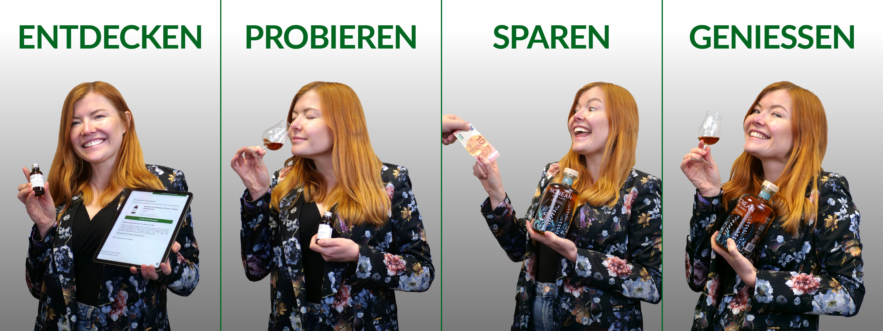 Lachende Frau mit Negroni Cold Brew Cocktail in vier Stimmungsphasen: Entdecken auf Tablet, Probieren im Glas, Sparen mit 10-Euro-Schein, Genießen des aromatischen Getränks