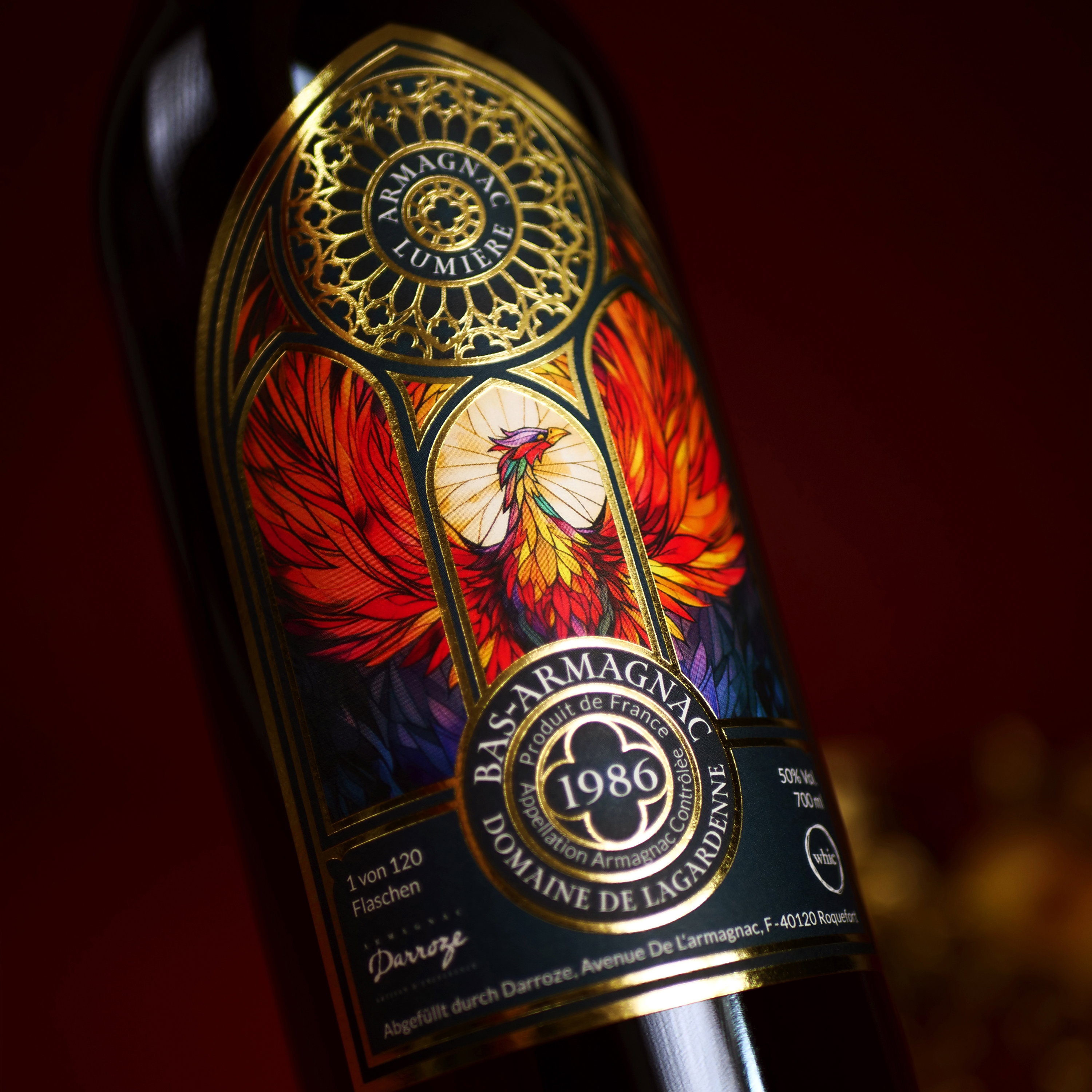Bas-Armagnac Domaine de Lagardenne 1986 Lumière 50% Vol. 700ml mit Rosenfenster-Etiketten-Design und Phönix-Motiv
