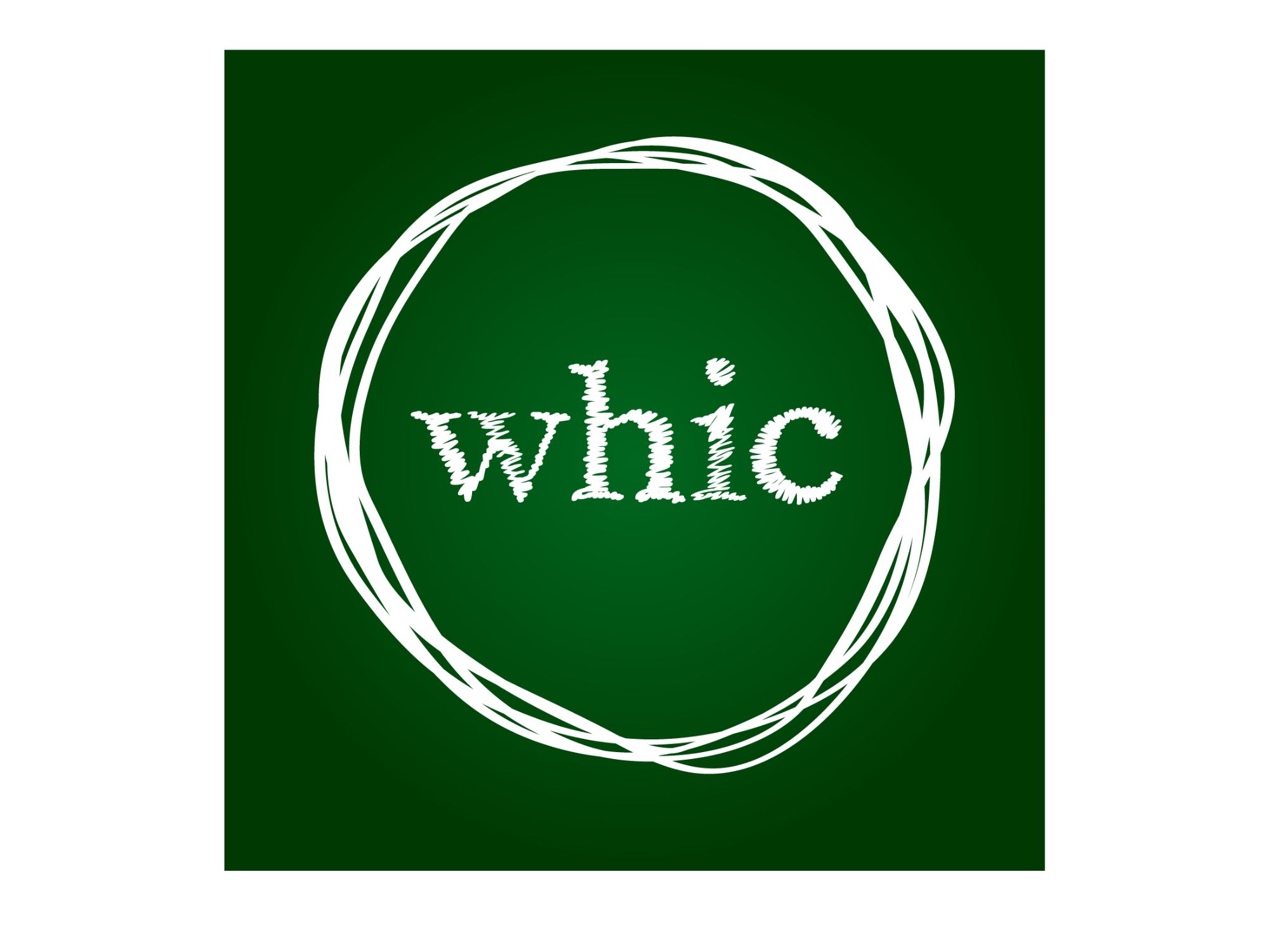 whic Logo mit handschriftlicher Typografie in weißem Kreidestil auf dunkelgrünem Hintergrund