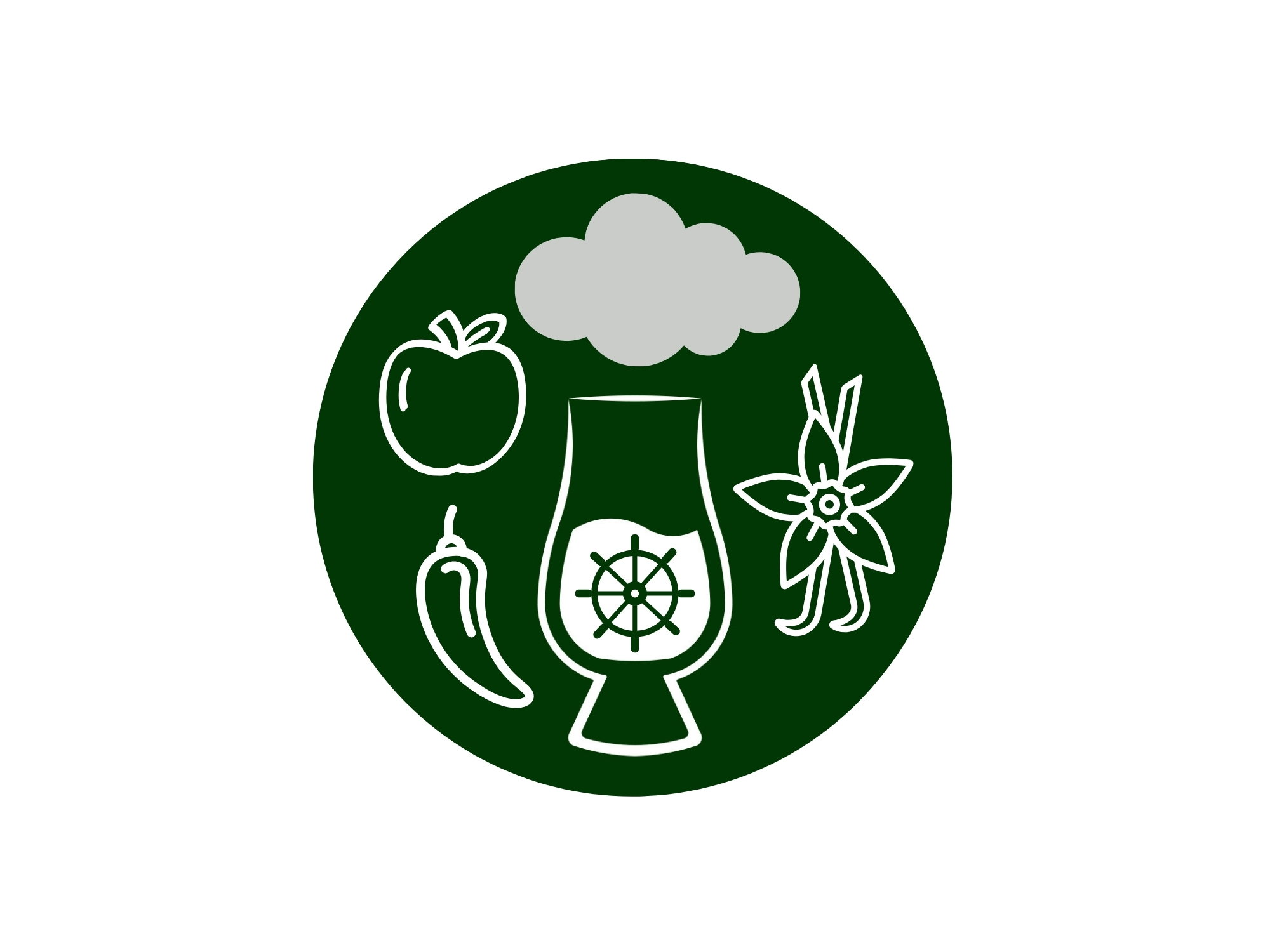 Symbolische Darstellung der Brandy-Herstellung mit Kupferbrennblase, Apfel, Chili, Vanilleblüte und Schiffssteuerrad-Emblem