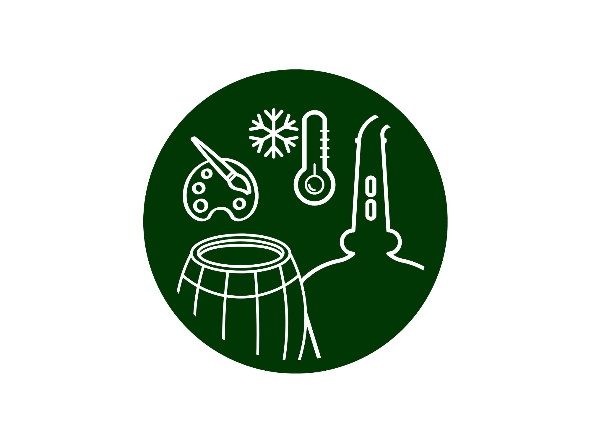 Symbol-Illustration für Whisky-Herstellung und Lagerung: Thermometer für Temperaturkontrolle, Schneeflocke für kühle Reifung, Destillierblase, Gärbottich und Mikroskop für Qualitätsanalyse